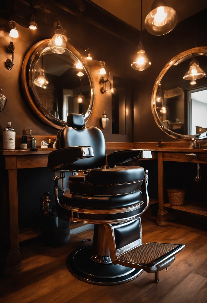 Um barbeiro cortando o cabelo de um cliente, em uma barbearia moderna, com espelhos grandes na parede, in a retro barber chair, rustic wooden waiting benches, piso quadriculado preto e branco, Realistic image, sharped image, rustic colors.