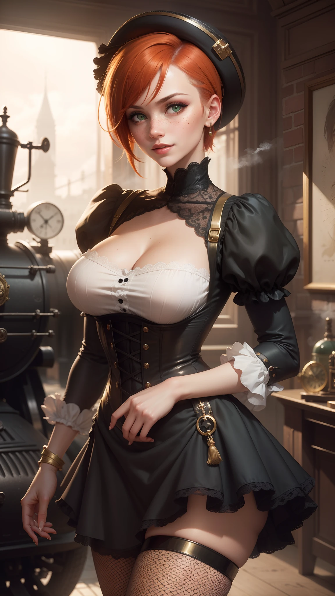 gwen tennyson,tracer,yorha 2b,rebecca chambers,atelier ryza,1girl,close up,aviator goggles,top hat,steam locomotive,steampunk theme,cloudy day,fishnet pantyhose,white long sleeve victorian top,open front crinoline ruffle skirt,brass pirate corset, brass neck jewelry,short hair,brass earrings,night gown,victorian city,gothic makeup,green eyes,orange hair,shy smile,freckles,redhead,beautiful girl,large breasts,ultra detailed,realistic,fantasy art,