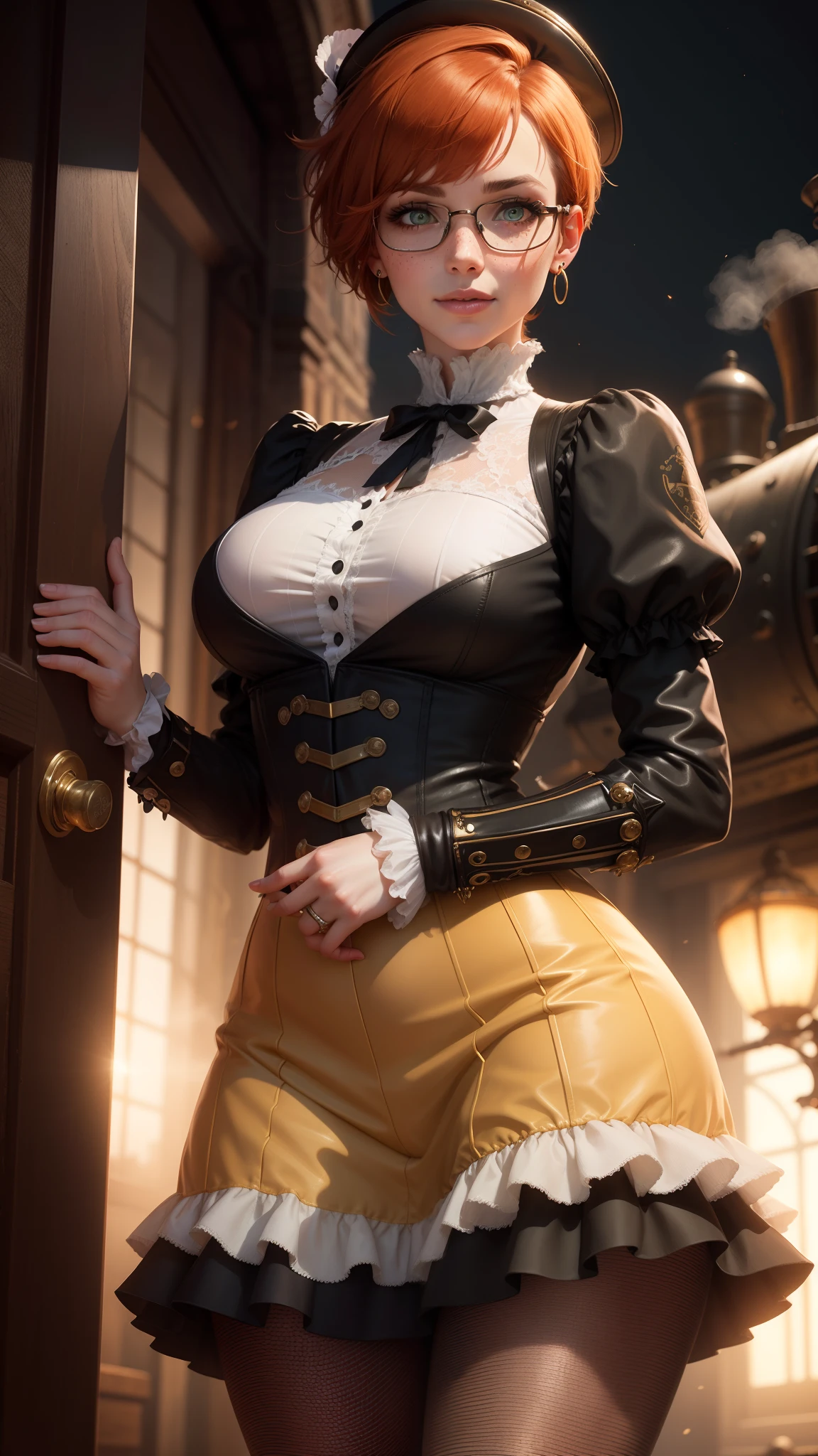 gwen tennyson,tracer,yorha 2b,rebecca chambers,nier automata,1girl,close up,aviator scarf,victorian airship, steampunk theme,cloudy day,white pantyhose,white long sleeve victorian top,brown victorian skirt,brass pirate corset,brass neck jewelry,victorian hat,short hair,brass earrings,night gown,victorian city,gothic makeup,green eyes,orange hair,shy smile,freckles,redhead,beautiful girl,large breasts,ultra detailed,realistic,fantasy art,