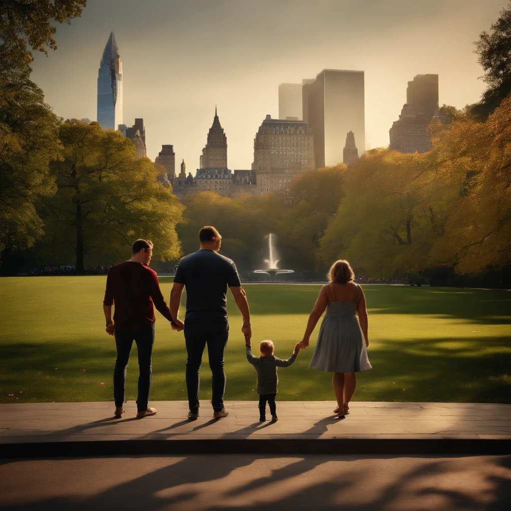 photorealistic modern European large family of 2023 in New York's Central Park