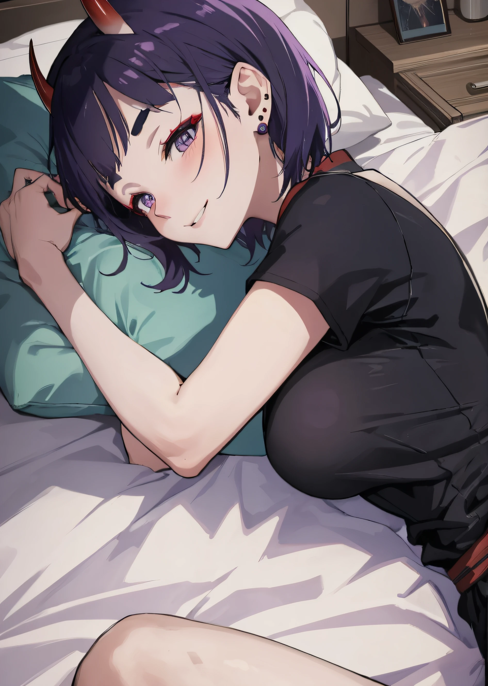 (masterpiece, best quality, detailed) ,1girl, shutendouji, shuten douji, (purple eyes:1.2), earrings, eyeshadow, horns, makeup, oni horns, purple hair, red eyeshadow, short eyebrows, short hair, single earring, teeth ,laying in bed with her head on her pillow, on my bed, anime moe artstyle, seductive anime girl, lying at the bed, laying on a bed, lying in bed, laying back on the bed, waking up,eyes detailed,ecchi anime style, seductive anime girl.teasing smile, clean detailed anime art,high resolution, (perfect hands, perfect anatomy),