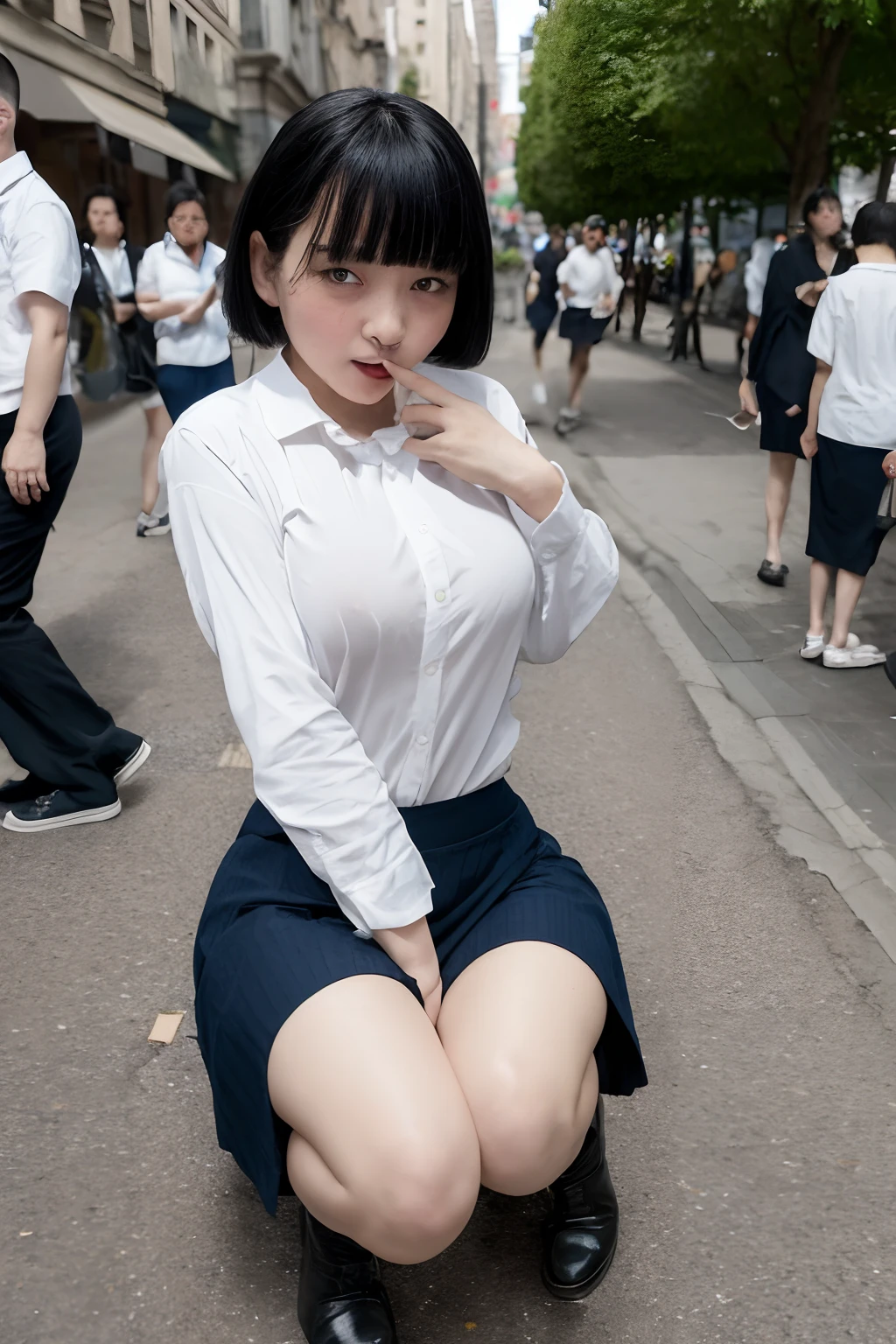 (masterpiece, best quality), 1girl, black hair, short hair, bangs, slim, (wide hips, thick thighs), looking at viewer, (dress shirt, tie, skirt), (masterpiece), (best quality:1.2), absurdres, intricate details, (Erotic face), peeing, a street(Girl is peeing)、Liquid from the crotch