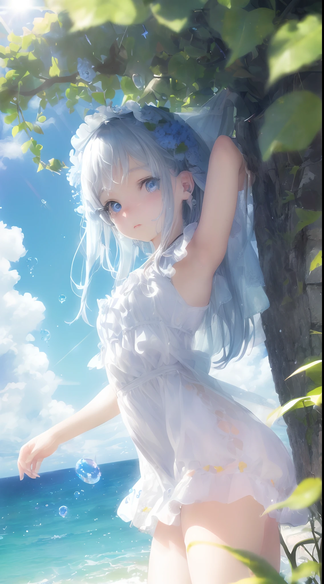 art by Cornflower, dready (A petite girl with beautiful detailed eyes. The depth of field in the photo is perfect and the lens flare adds a nice touch. The fine details on her face really stand out, score because of this photo Definitely greater than 10. In the background, there is a beautiful ocean with clear water and water droplets on the surface