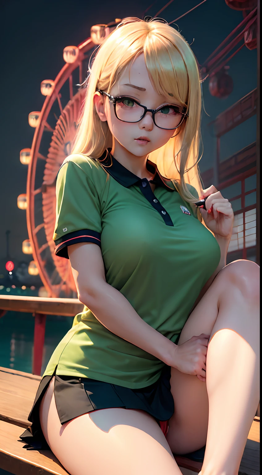 ((Japanese ido)) a blond eye glass Whip whip large boob Duck mouth ((Red Racing Team Polo Shirt))and black enamel tight skirt Sitting barefoot on your lap Turn your toes towards us full of sweat ((Ferris wheel glowing green at night)) Portrait Looking at the camera low angles Soft lighting ((Dressing)) portlate Ai Shinozaki cute little