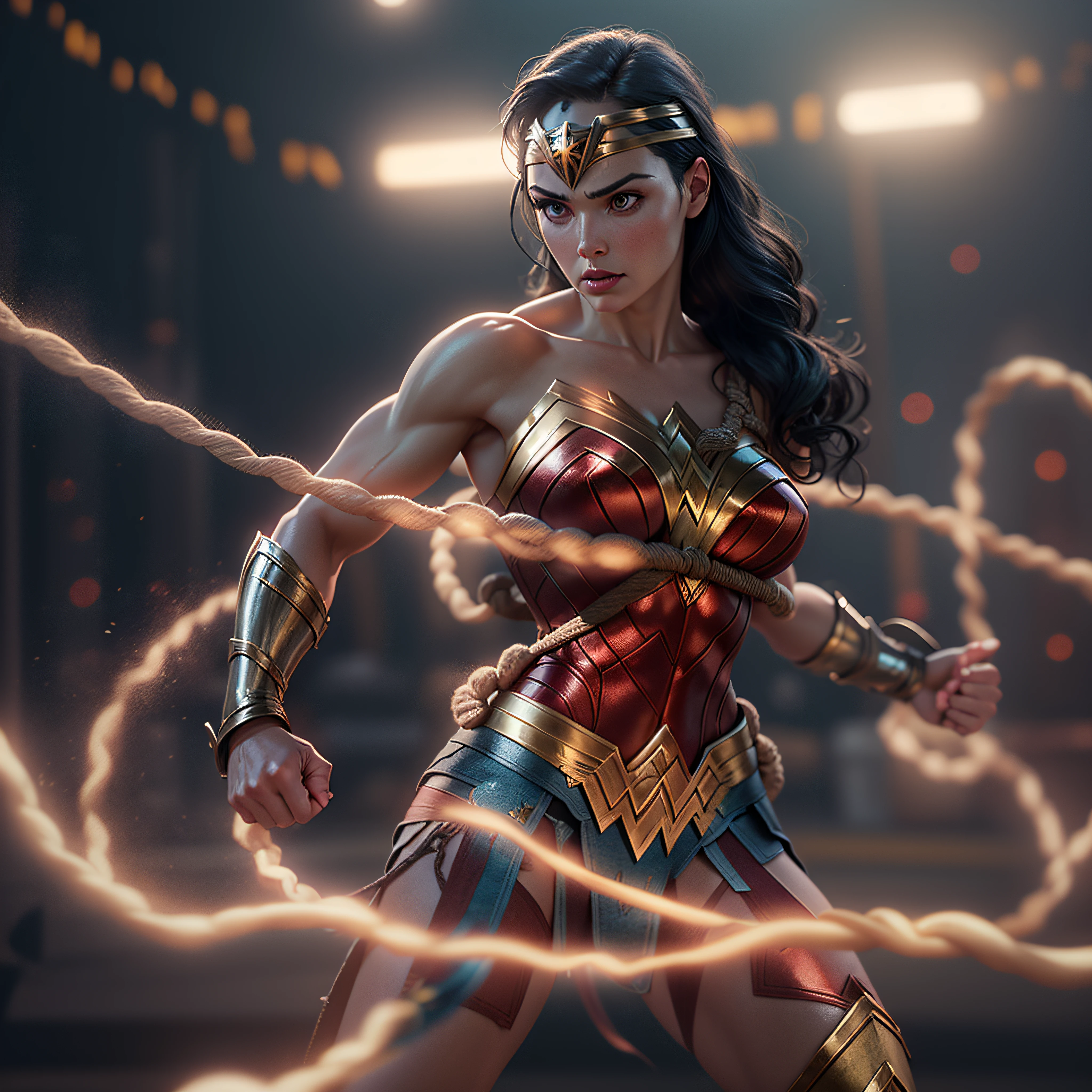 Wonder Woman with her (((glowing rope))), Muscular body, Battle pose, photo-realistic, octane render, unreal engine, ultra-realistic