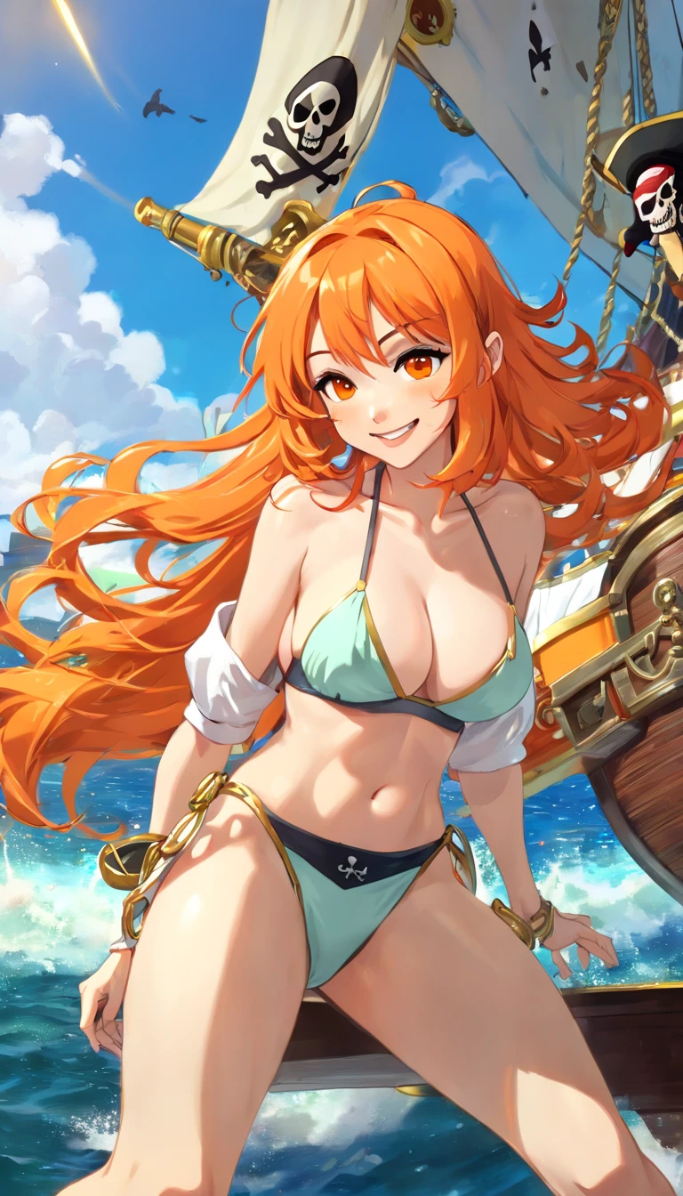 ((22year old、Russian、Beautie、Pirate Empress、Extraordinary Beauty:1.8))、(orange color hair、Longhaire、bob cuts、Curled Hair:1.7)、((maikurobikini:1.9))、(Pose like a model、Spread your legs apart、spreads both leg:1.6)、(laying on back、lie down:1.5)、((Background with、Mare、Pirate Ship:1.5)),((smile, evil smile:1.6)), Surrealism, high detail, Hyperrealism, film grain, tachi-e, parkle, UHD, masterpiece, ccurate, anatomically correct, textured skin, super detail, high details, high quality, best quality, highres, 1080P, HD, 8k,((D cup big breasts、Toned belly、Sexy belly、Constricted hips、s ass:1.5))