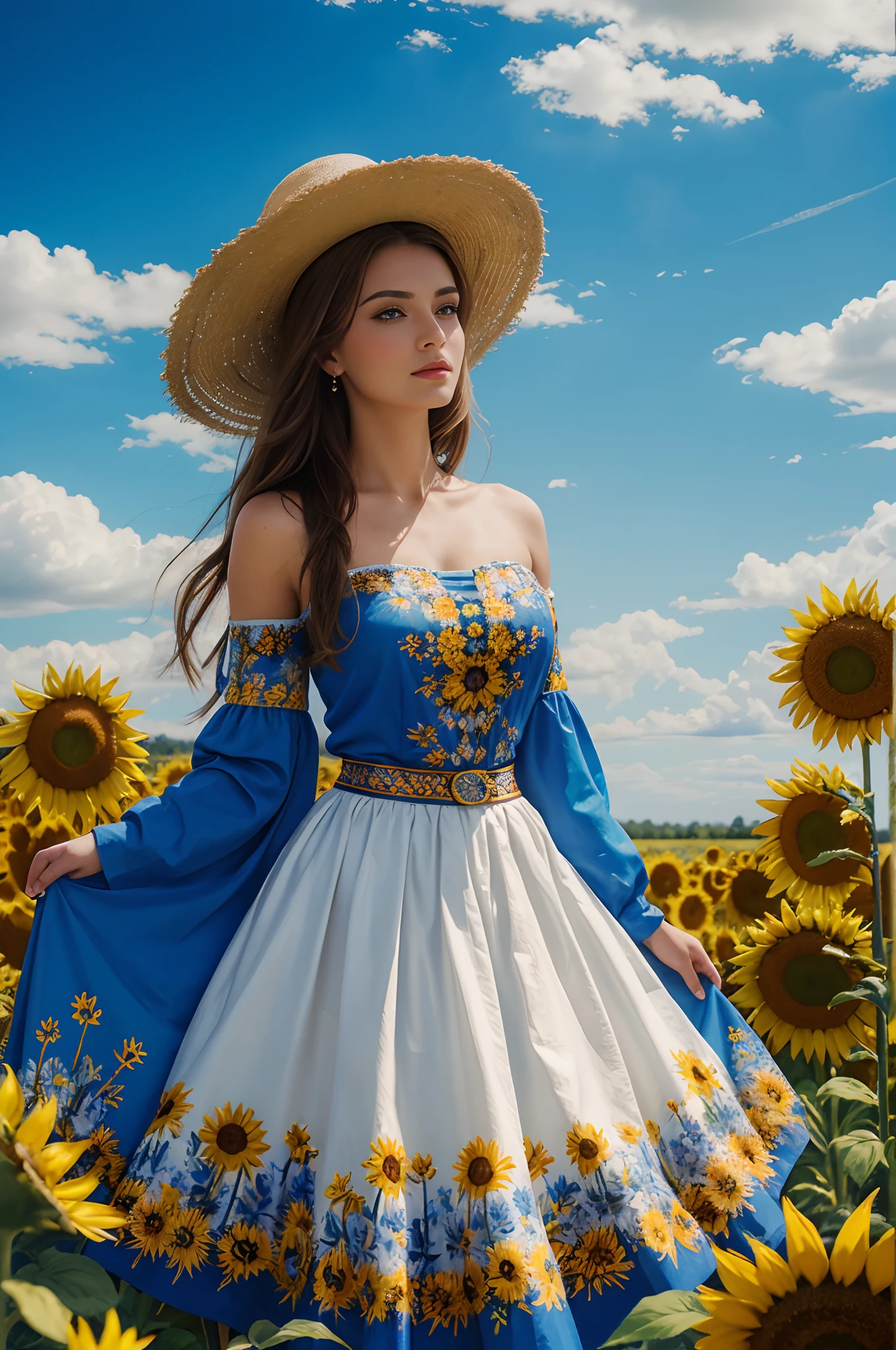 ultra detailed oil painting of a stunning woman in traditional outfit from Ukraine, surrounded by sunflowers, blue sky with summer clouds, hand-painted, art by MSchiffer, sharp focus, colorful, high contrast,