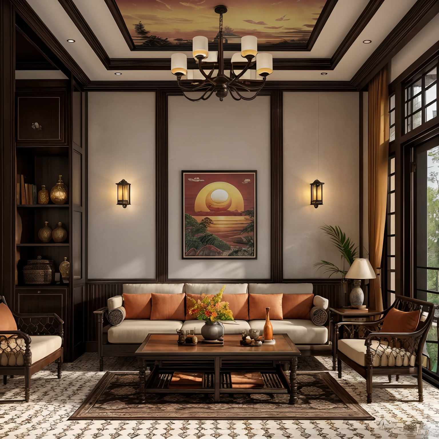 Raw photo, Masterpiece, high quality, best quality, authentic, super detail, interior, indoors, indochine livingroom with couch,rug, coffe table, dark tile floor, (sunset:1.1), vivid color, vray,