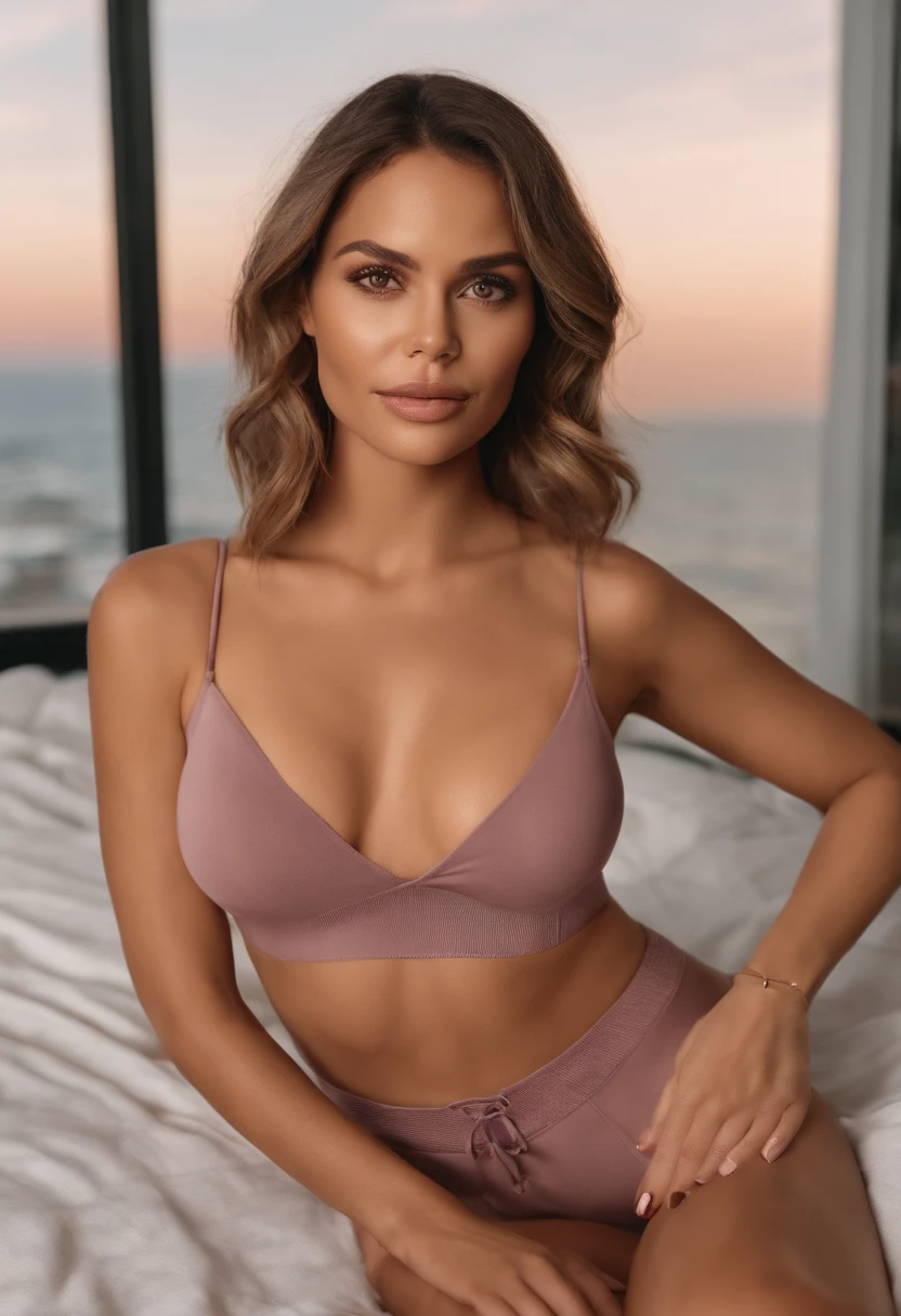 A woman in a matching T-shirt and panties, sexy girl with green eyes, thick eyebrows, portrait sophie mudd, Portrait of Corinna Kopf, Halle Berry ,Anjolina Jolie,Whitney Houston,Cameron Diaz,blonde hair and large eyes, selfie of a young woman, Eyes in the bedroom, violet myers, without Макияж, natural makeup, looking straight at camera, face with artgram, dezentes Make-up, Stunning full-length shot, in bedroom, cleavage