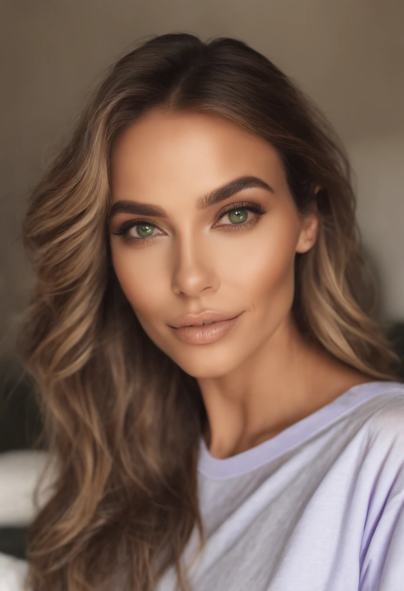 A woman in a matching T-shirt and panties, sexy girl with green eyes, thick eyebrows, portrait sophie mudd, Portrait of Corinna Kopf, Halle Berry ,Anjolina Jolie,Whitney Houston,Cameron Diaz,blonde hair and large eyes, selfie of a young woman, Eyes in the bedroom, violet myers, without Макияж, natural makeup, looking straight at camera, face with artgram, dezentes Make-up, Stunning full-length shot, in bedroom, cleavage