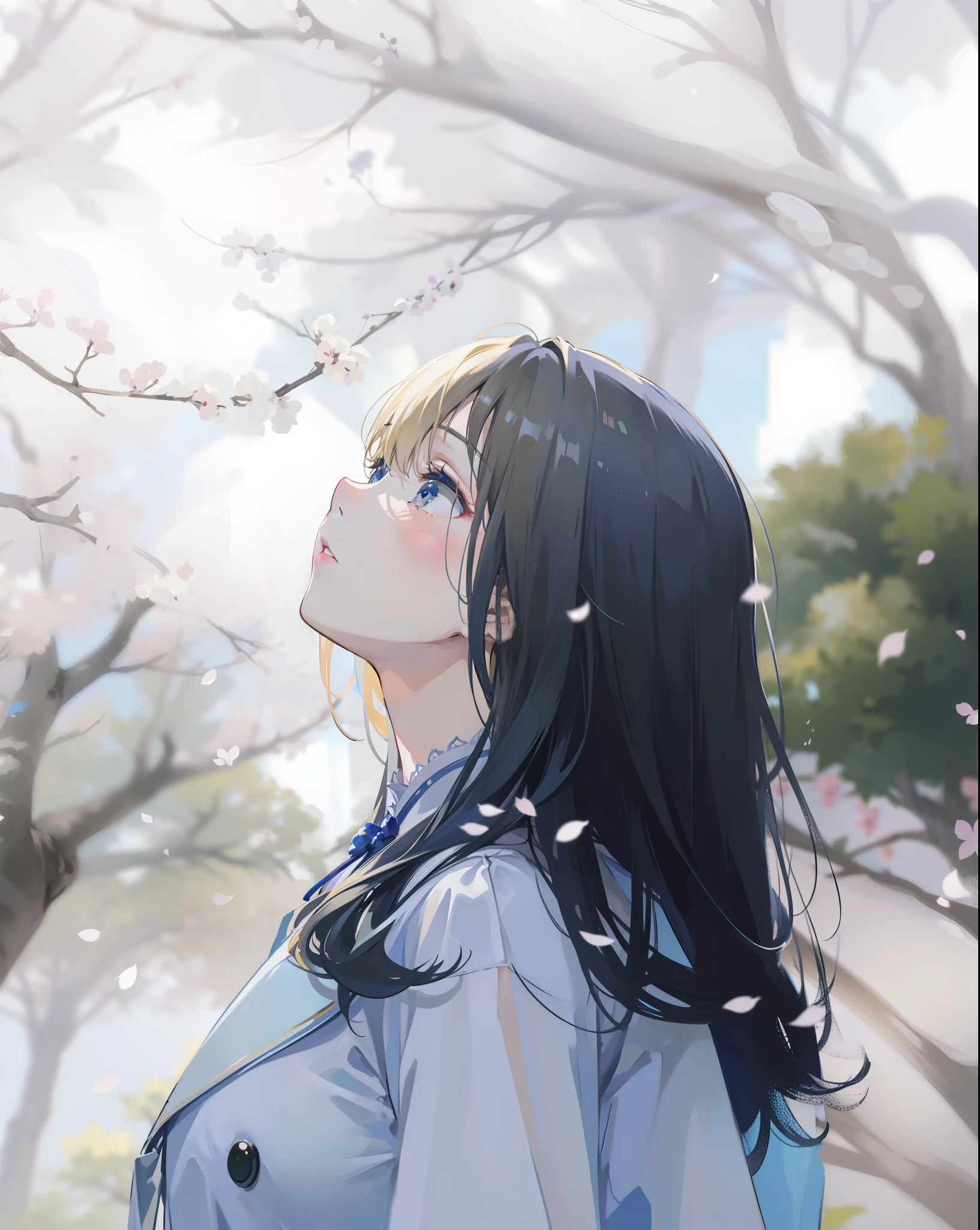 1 Korean girl, beautiful girl, looking to the side, blonde hair, sharp nose, infah eyes, red lips, wearing a gray suit, and blue strappy clothes, blue clothes with white stripes, cherry tree background