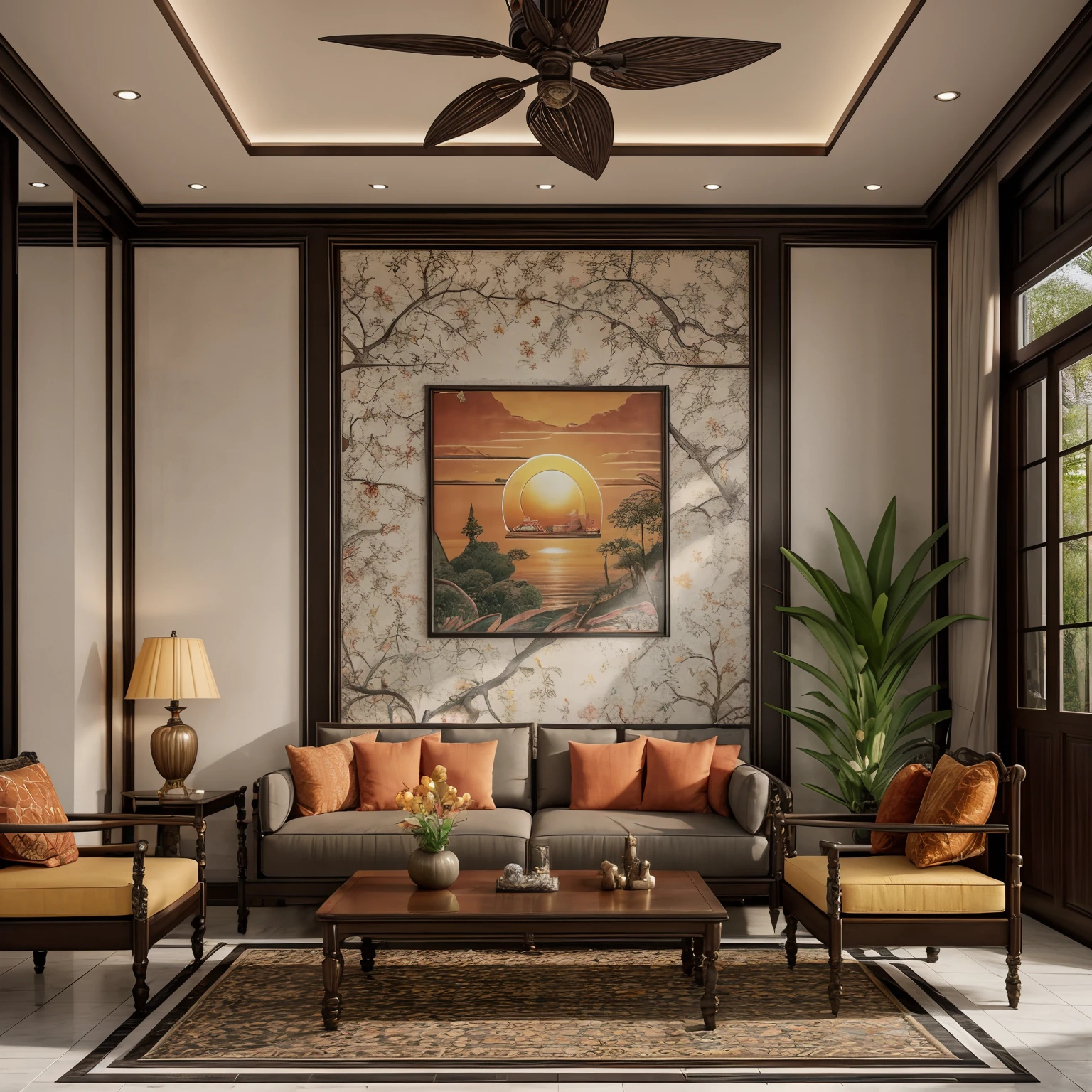 Raw photo, Masterpiece, high quality, best quality, authentic, super detail, interior, indoors, indochine livingroom with couch,rug, coffe table, dark tile floor, (sunset:1.1), vivid color, vray,