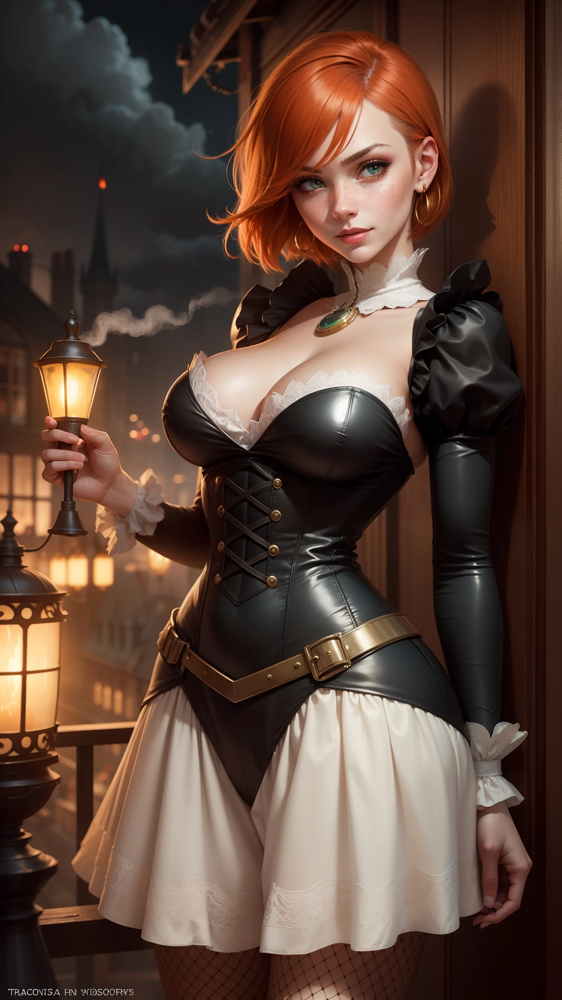 gwen tennyson,tracer,yorha 2b,rebecca chambers,atelier ryza,1girl,close up, aviator goggles,steam locomotive, steampunk theme,cloudy day,fishnet pantyhose,white long sleeve victorian top,long open front crinoline ruffle skirt,brass pirate corset, brass neck jewelry,short hair,brass earrings,night gown,victorian city,gothic makeup, green eyes,orange hair,shy smile, freckles,redhead,beautiful girl,large breasts,ultra detailed,realistic,fantasy art,