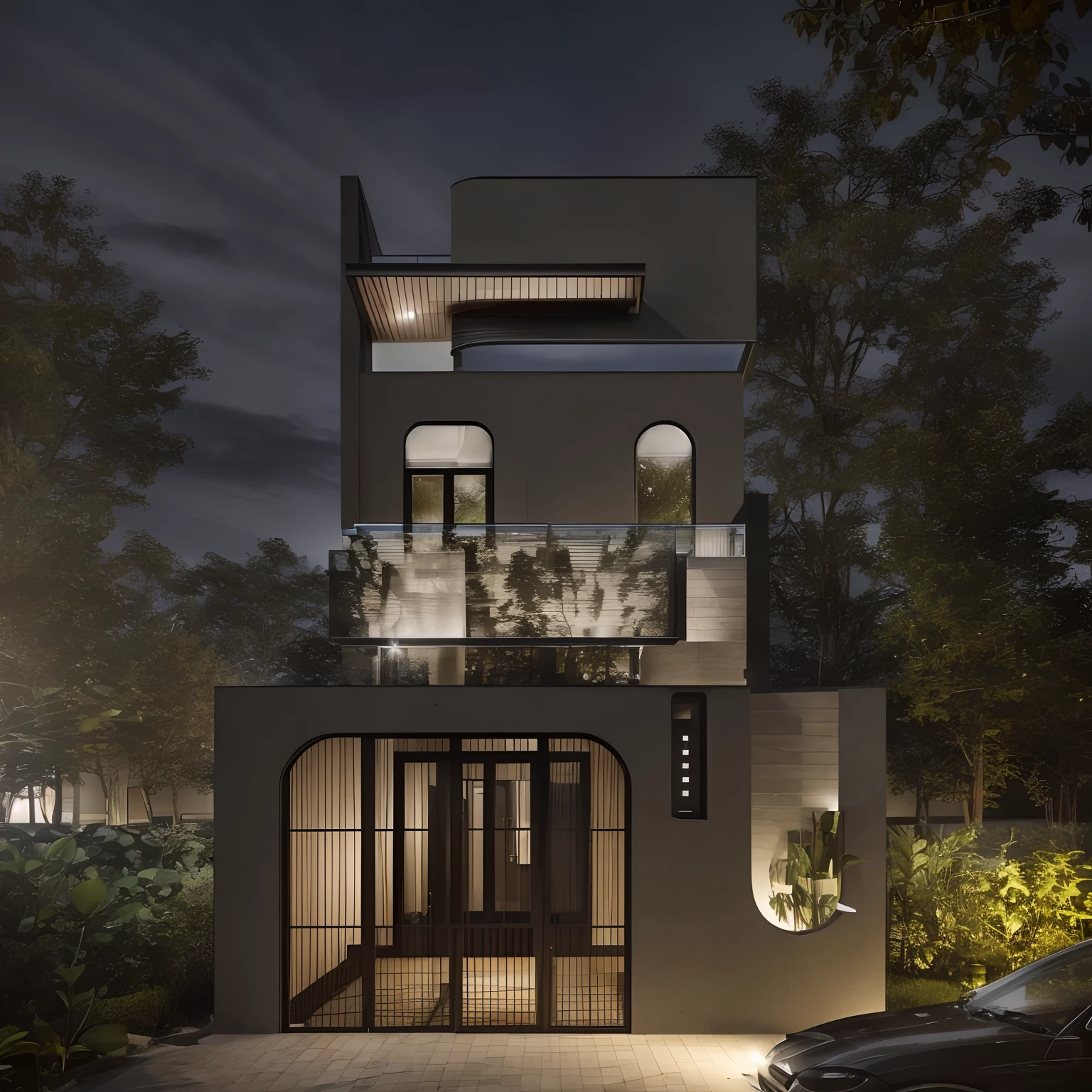 Bauhaus style house, glass house with a sloping roof, modern, dynamic (RAW photo, real, best quality, masterpiece:1.2), (hyper realistic, photo-realistic:1.2), high quality, (dark lighting:1.2), perfect lighting, archdaily