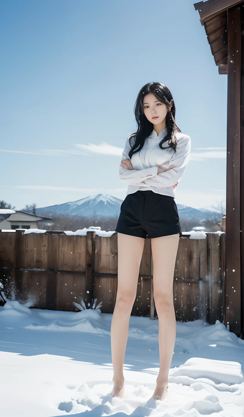 A Japanese Lady、beauitful face、二重まぶた、Big eyes、Long Black Hair、suits、Micro shorts、arms in arms、beauty legs、Raw feet、Clean thighs、tall、model poses、Oyuki、snow blowing、snow cover、