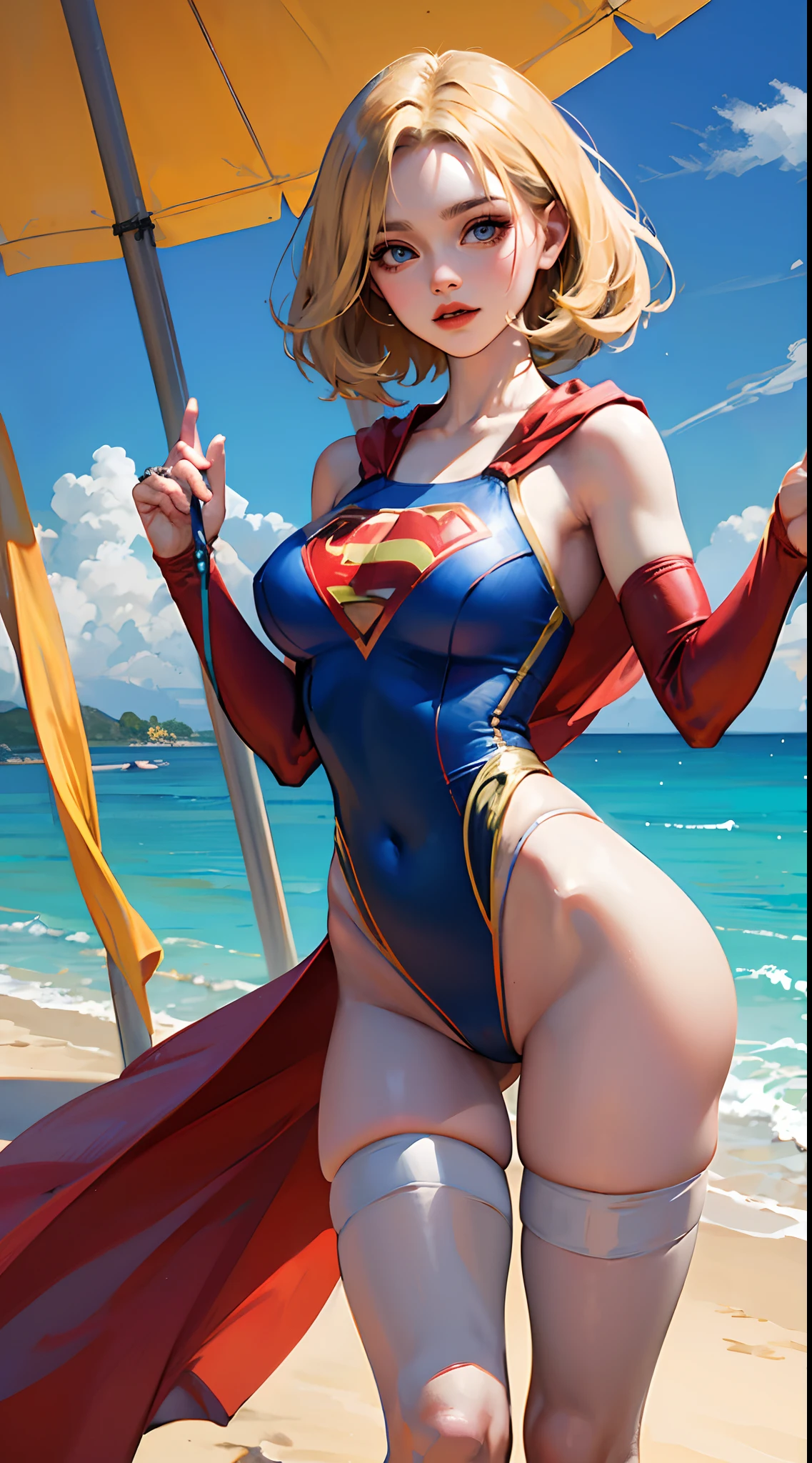 Supergirl, Woman with defined body, blonde hair, 21 years old, giant breasts, swimsuit clothes, bodysuit,
Supergirl cosplay, beach, river, beach tent