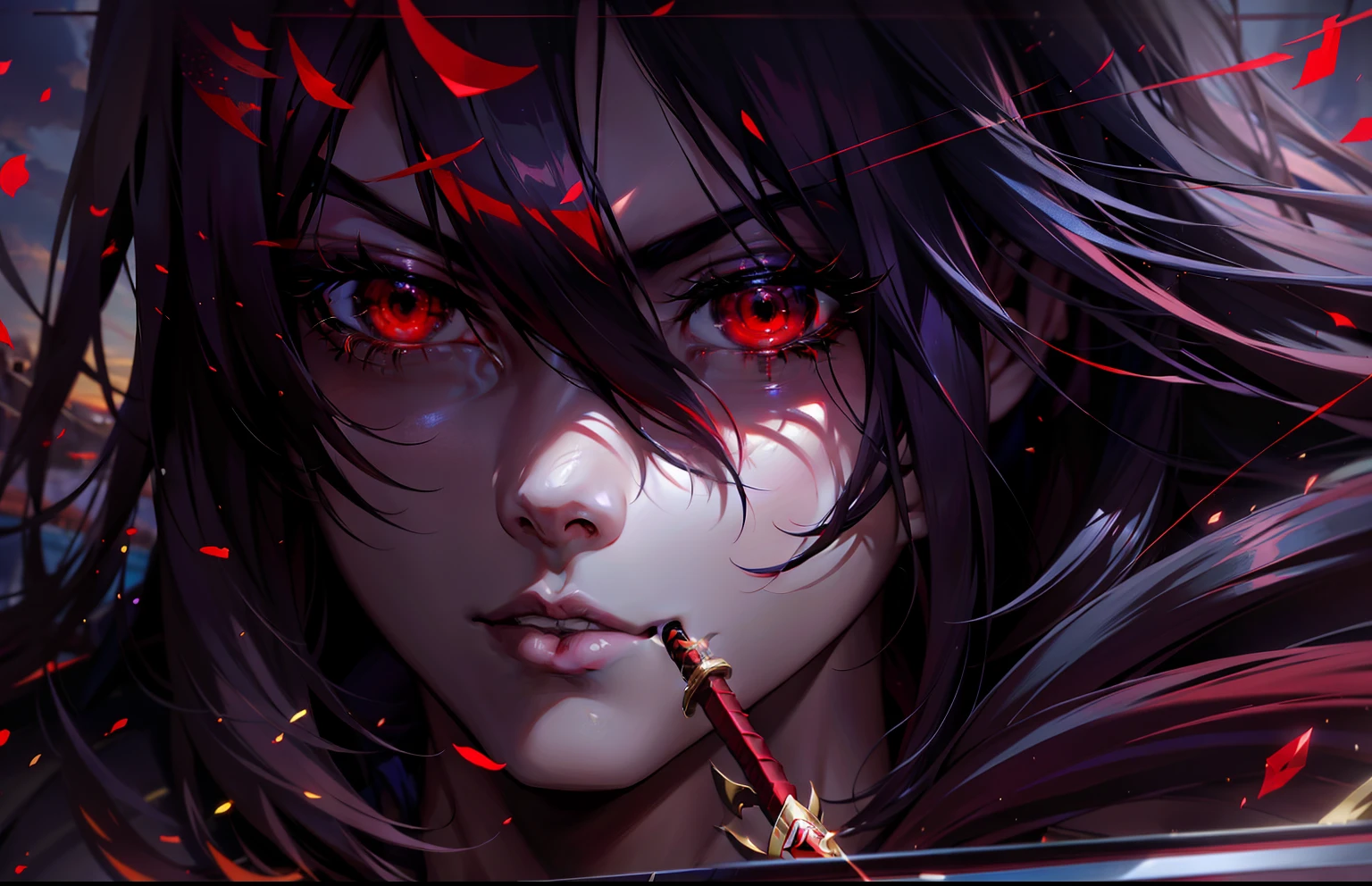 Anime boy with red eyes holding a sword in front of his face, style of anime4 K, Detailed digital anime art, Anime style. 8K, Digital anime art, advanced digital anime art, Badass anime 8 K, Digital anime illustration, digital advanced anime art, Guviz-style artwork, advanced anime digital art, Stunning anime face portrait, Anime epic artwork