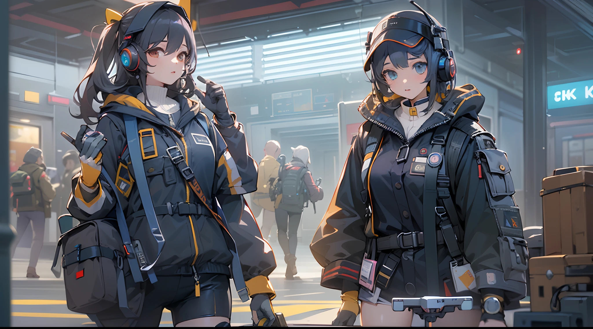 ((hightquality)) ((​masterpiece) 8K、2girls,Highly detailed CG Unity 8K wallpapers、GameCG、Look at viewers、gloves、boots、full bodyesbian、wrist watch、computers、masks、drone、Portable weapons、head phone、jaket、bags、rucksack