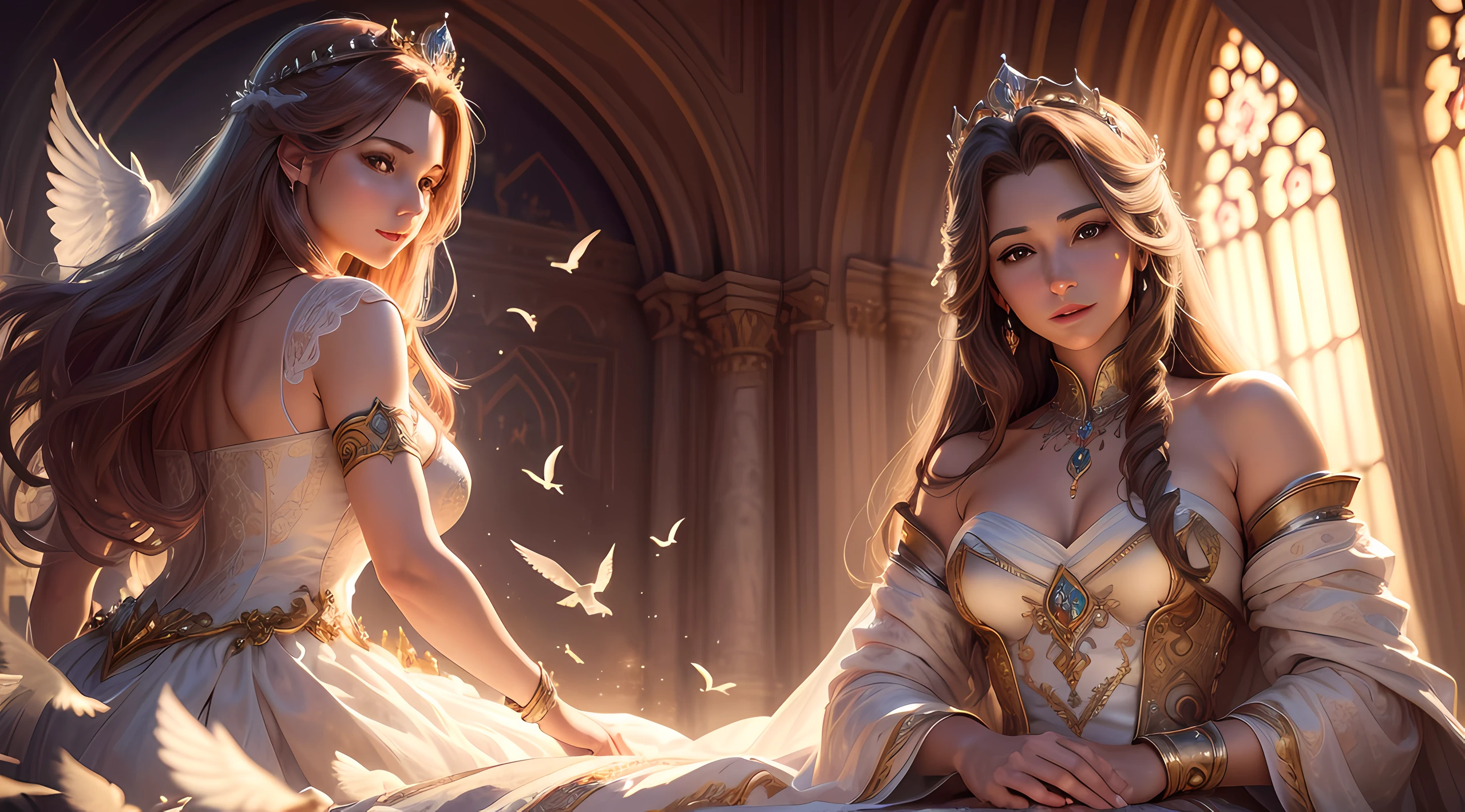 (masterpiece, best quality:1.5), highest quality, High resolution, super detailed, Realists, Upper body photo of a blonde sorceress, detailed and beautiful eyes, beautiful detailed lips, very detailed eyes and face, longeyelashes, shiny satin dress, Holding a magic wand in your hand and performing eine Transformation spell, Magic wands present and shiny, Beautiful and colorful makeup, elegant and noble々The jewelry bag, Gardens as background, soft daylight, bright colors, fine brushstrokes, Portrait style, Silk dress fabric, beautiful color palette, glowing skin, First-class rendering, that captures every detail, enchanting atmosphere, subtle shadows and lights, (perfect anatomy:1.2), (The two breathtaking sorceresses transform birds into jewelry (eine Transformation):1.4), (magnificent panorama view:1.2)