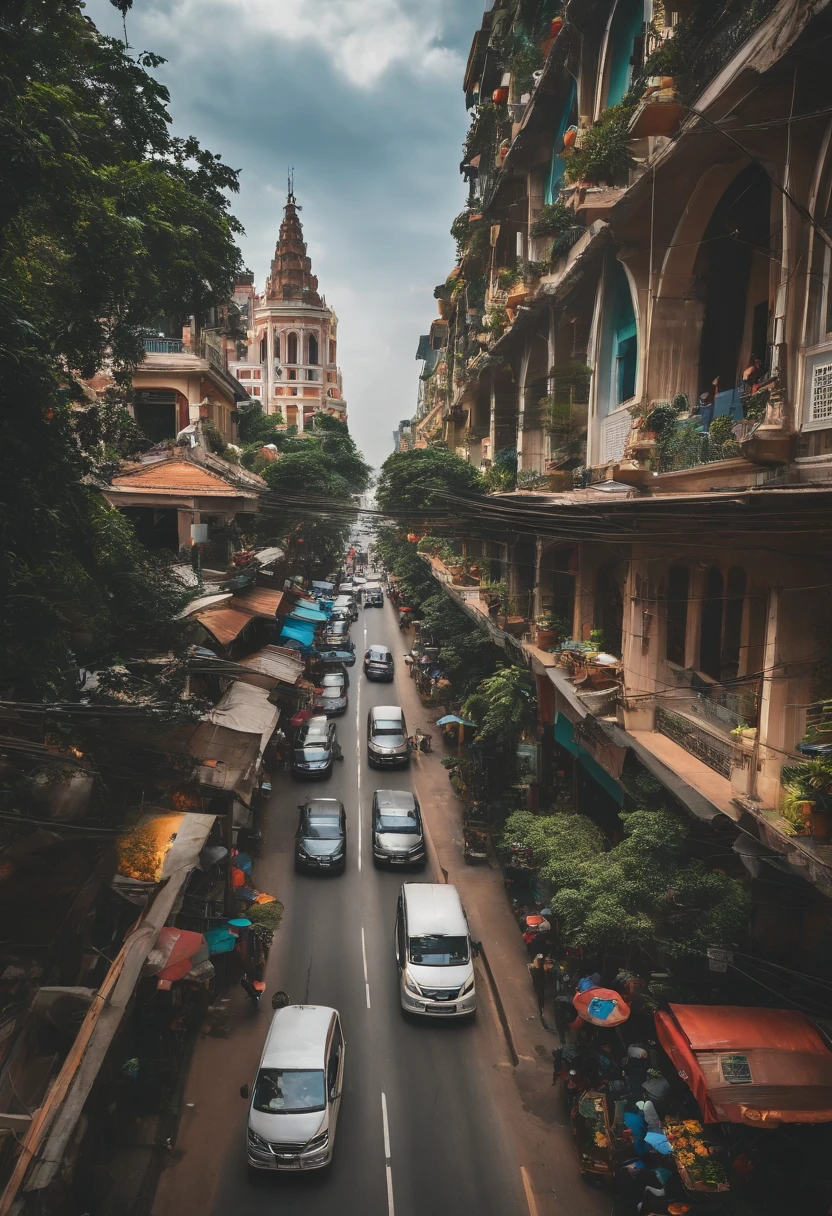 Design a photo of Ho Chi Minh City in Vietnam, including Lammark 81 building, Notre Dame house, Ben Thanh market, transportation system, roads, trees, 1 bus, 1 tram, 1 car , sky above, clouds, flock of birds flying.