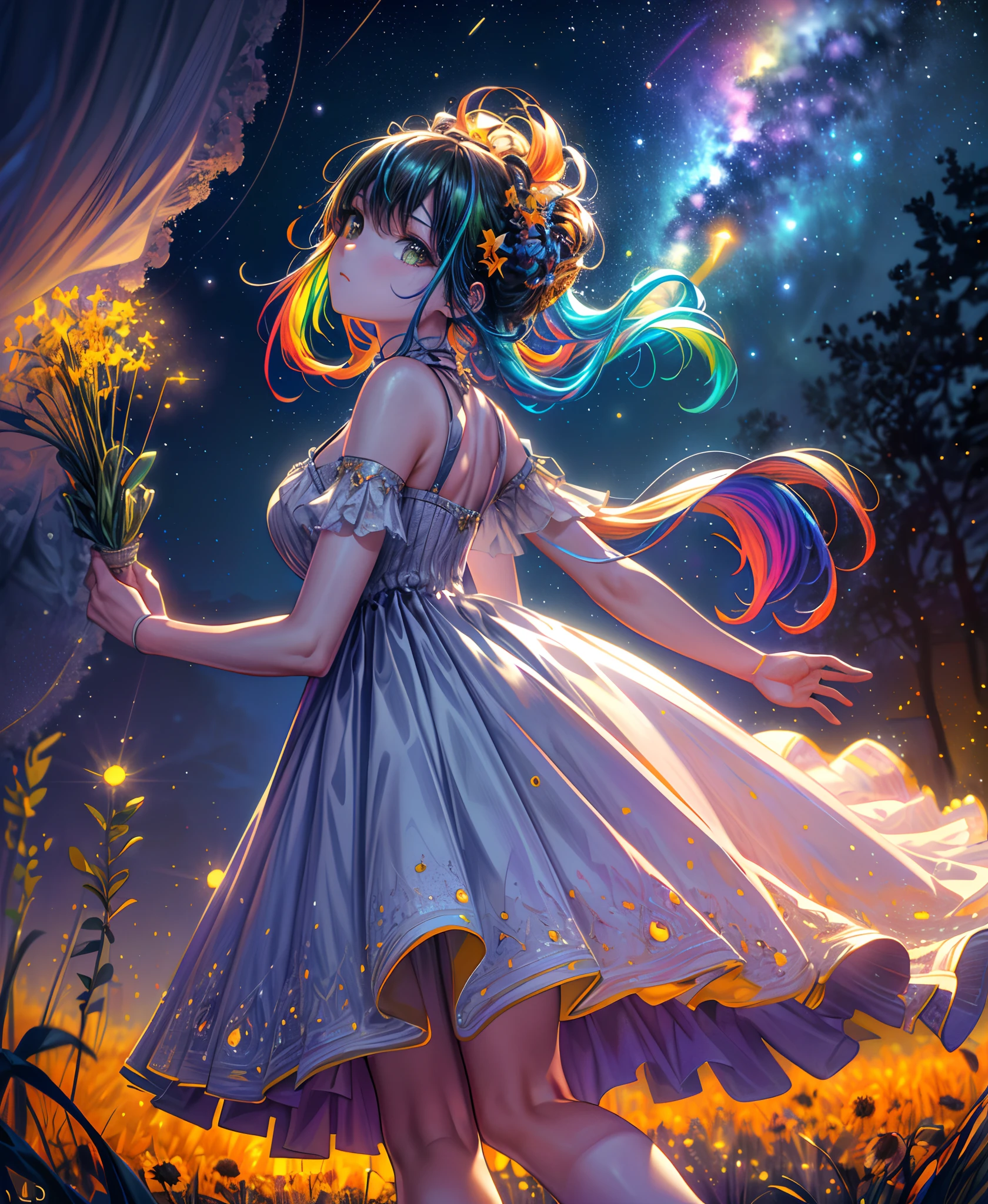 (Masterpiece), (Best Quality), (Official Art, Highly Detailed CG Unity 8k Wallpaper), (Very Detailed), (((Absurd)), 1 Girl, Midshot, (Exquisite Facial Features), (Serafuk: 1.3) ((SFW)), ((Clean Hands)), (White Neeso without shoes)), Aqua Eye, Colored Contact Lenses, Stars in the Eyes, (((((Colorful Bubbles)))), Colorful Glass, (Album cover) Vast landscape photo, (sky up, field below), girl standing in a flower field and looking up, (full moon: 1.2), (meteor: 0.9), (nebula: 1.3), distant mountains, trees BREAK craft art, (warm light: 1.2), (fireflies: 1.2), lights, lots of purple and orange, intricate details, voluminous lighting, realism BREAK (masterpiece (Best Quality), 4k, Ultra Detail, (Dynamic Composition: 1.4), Very Detailed, Colorful Details, (Rainbow Color: 1.2), (Glow Lighting, Atmospheric Lighting), Dreamy, Magical, (Solo: 1.2)
