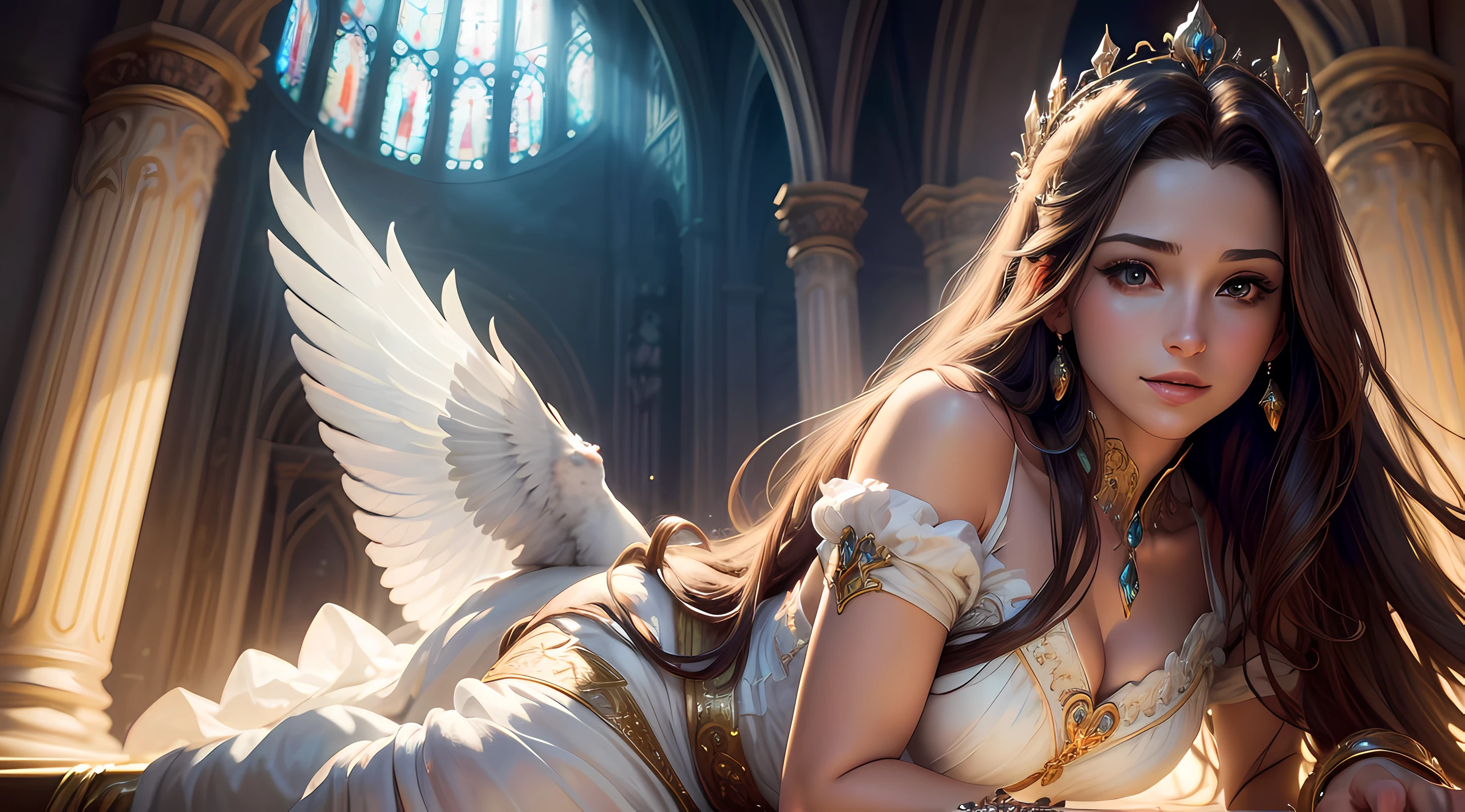 (highres, ultra-detailed, realistic:1.37), aerith, final fantasy, beautiful body, beautiful detailed eyes, detail-oriented nose, luscious lips, long flowing hair, radiant smile, elegant crown, royal attire, intricate jewelry, graceful pose, enchanting expression, majestic church in the background, vibrant colors, soft lighting, regal atmosphere, atmospheric perspective, stunning landscape, floating clouds, magical aura, timeless beauty, intricate patterns, ethereal ambiance, striking contrast, dreamlike quality, cinematic composition, white dress, birds