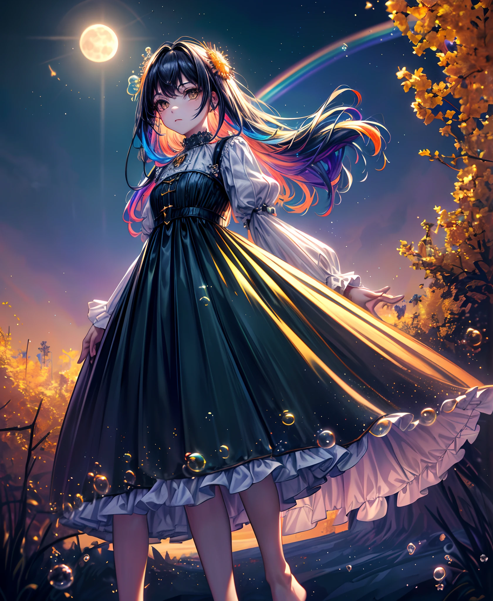 (Masterpiece), (Best Quality), (Official Art, Highly Detailed CG Unity 8k Wallpaper), (Very Detailed), (((Absurd)), 1 Girl, Midshot, (Exquisite Facial Features), (Serafuk: 1.3) ((SFW)), ((Clean Hands)), (White Neeso without shoes)), Aqua Eye, Colored Contact Lenses, Stars in the Eyes, (((((Colorful Bubbles)))), Colorful Glass, (Album cover) Vast landscape photo, (sky up, field below), girl standing in a flower field and looking up, (full moon: 1.2), (meteor: 0.9), (nebula: 1.3), distant mountains, trees BREAK craft art, (warm light: 1.2), (fireflies: 1.2), lights, lots of purple and orange, intricate details, voluminous lighting, realism BREAK (masterpiece (Best Quality), 4k, Ultra Detail, (Dynamic Composition: 1.4), Very Detailed, Colorful Details, (Rainbow Color: 1.2), (Glow Lighting, Atmospheric Lighting), Dreamy, Magical, (Solo: 1.2)