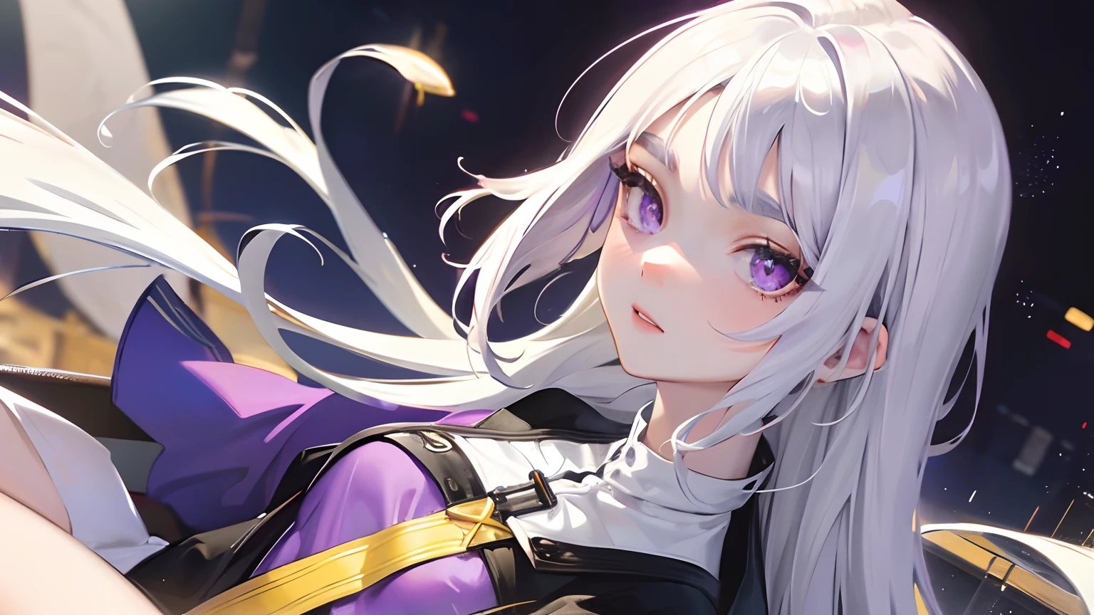 Banner, cafe, galaxy cafe, girl is sitting, 1girl, white hair, long hair, purple eyes, casual clothes, galaxy themed clothes, white eyebrows, face focus