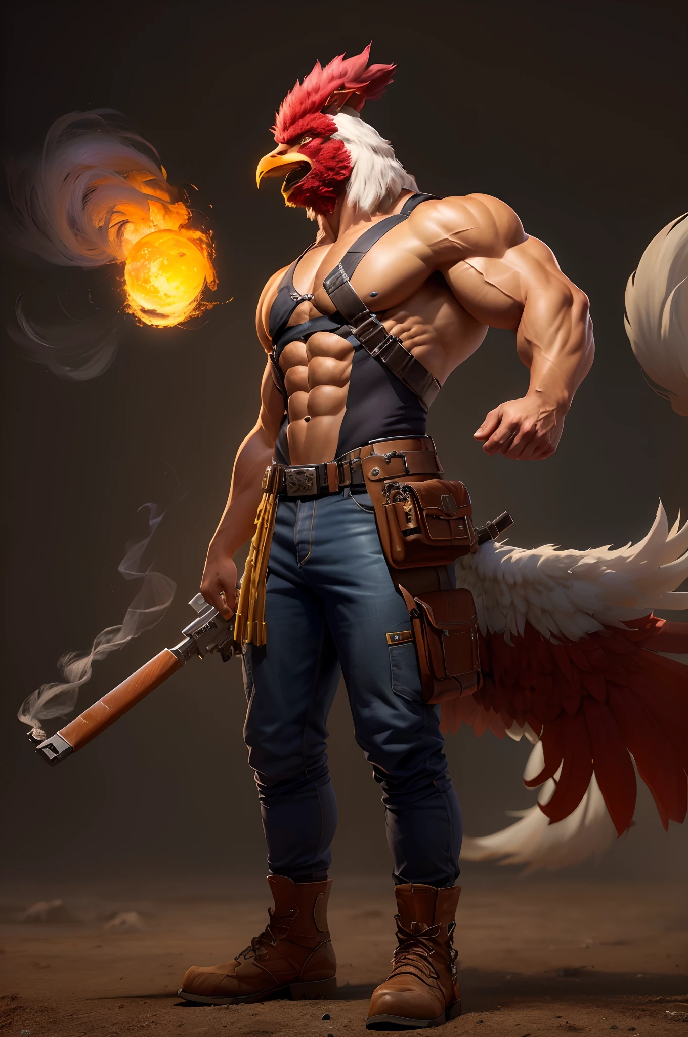 Hay gallo enojado y una metralleta en la mano, 3D render character art 8 k, Ilustraciones conceptuales de personajes en 3D, Arte de personajes 3D, Personaje del juego de lucha, Concepto de personaje de videojuego, Epic character art, amazing 8k character concept art, epic digital art illustration, Arte conceptual del personaje del juego, muscular male hero, Arte de personaje del juego, Concepto de personaje realista