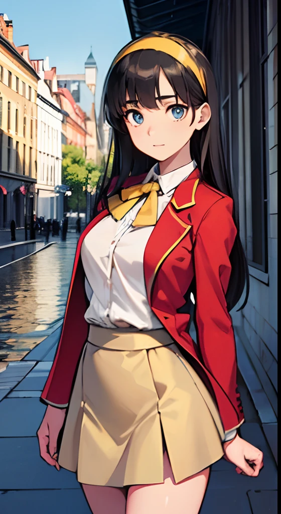 ((Masterpiece)),((top-quality)),Accurate clothing,((Beautie)),((realistic facial expression))(((Red Blazer:1.3))),(((long-sleeve:1.3))),(((Yellow headband:1.3))),(((Beige skirt:1.3))),((flat udder)),((Slim thighs)), Nice big blue eyes (High detail eyes).((long silky hair that falls straight to waist length,:1.3)), ,deadpan, Pure black hair, white shirt, Blue ribbon, Blue High Socks, Loafer Shoes, High school students,Tall,Soft skin,uniform, Teen Girl, Park with fountains, Dating, Perspective, Overhead configuration, f lare, Fine Features, Perfect Anatomy Tommy, Centered, Perfect distance, Highly detailed, with an intricate, acurate, Highly detailed rich colors, taming, Rich colors, acurate, clean, Rich colors, elaborate details, golden ratio illustrations