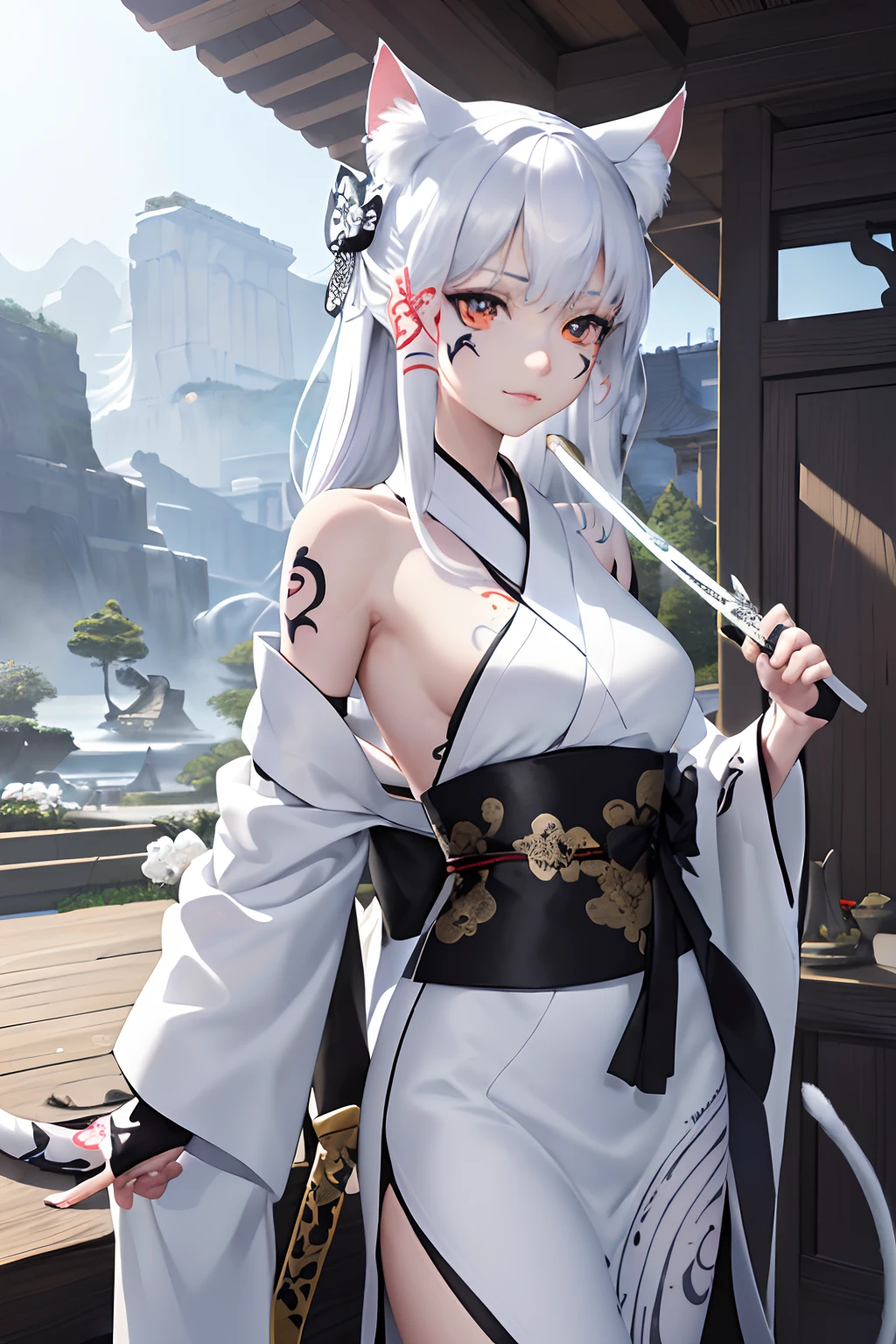 (Photorealsitic:1.3), masterpiece, top-quality, (intricate detailes:1.2), (landscapes:1.3), beautiful countenance, The image of a white cat(Black theme:1.3),
(((1girl in、Holding a sword in your hand、Girl in patterned white kimono、(Take a look at Veiwer:1.3)、(face tattoos:1.2)、Cat's ears、
)))、full body Esbian