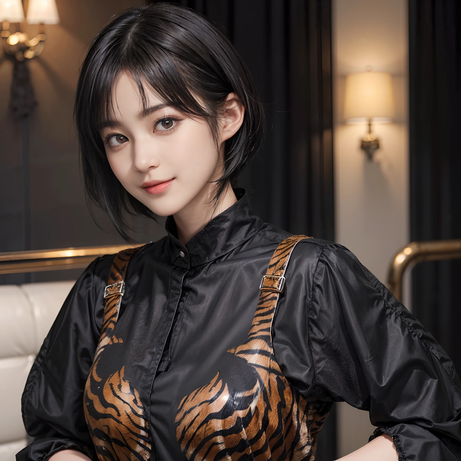 03
(Black Shorthair:1.3), (a 20 yo woman), (A hyper-realistic), (masutepiece), (8KUHD), Looking at the camera, Beautiful woman, A smile, (Tiger Design Clothing)