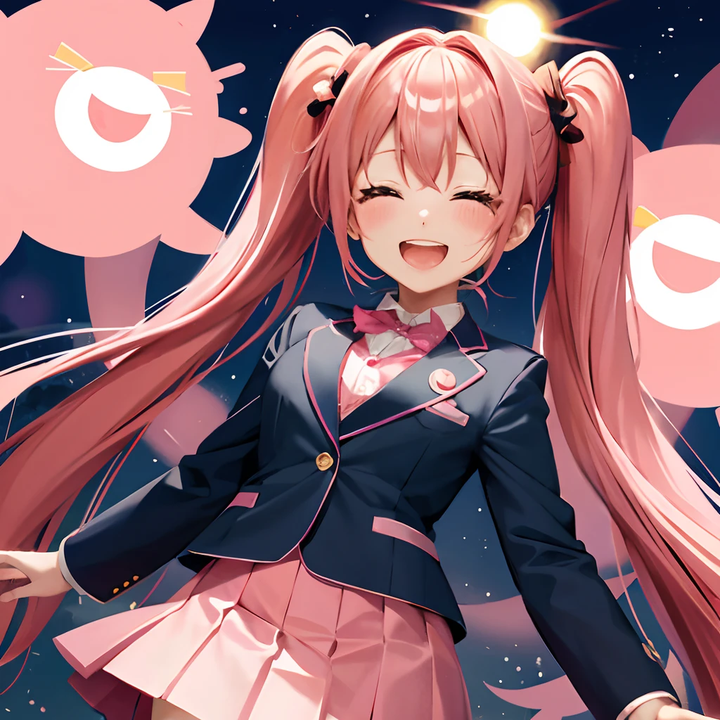 Cute Chibi Anime, long pink hair with twin tails、、Pink twin tail hairstyle、Dark blue blazer、Pink skirt、student clothes,dark colored、suns、Distinct dark colors、primary colours、、Smiling, animations、Hold your stomach and laugh out loud、Crying and laughter、、burst into laughter、Chibi Animation