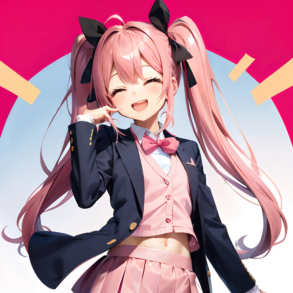 Cute Chibi Anime, long pink hair with twin tails、、Pink twin tail hairstyle、Dark blue blazer、Pink skirt、student clothes,dark colored、suns、Distinct dark colors、primary colours、、Smiling, animations、Hold your stomach and laugh out loud、Crying and laughter、、burst into laughter、Chibi Animation