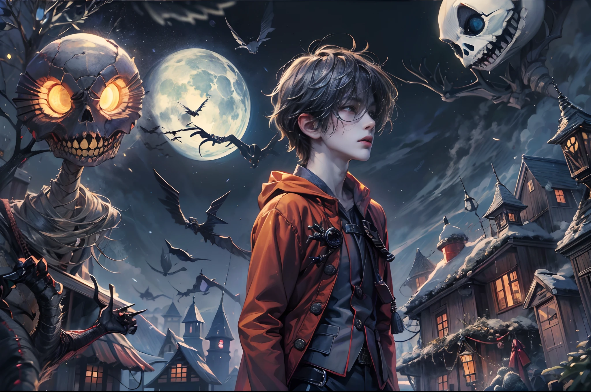 (absurdres, highres, ultra detailed, HDR), masterpiece, best quality, 1 boy, handsome boy, cool hero, big anime eyes, young boy, detailed scenery, detailed character, nightmare before Christmas theme, art kenouji