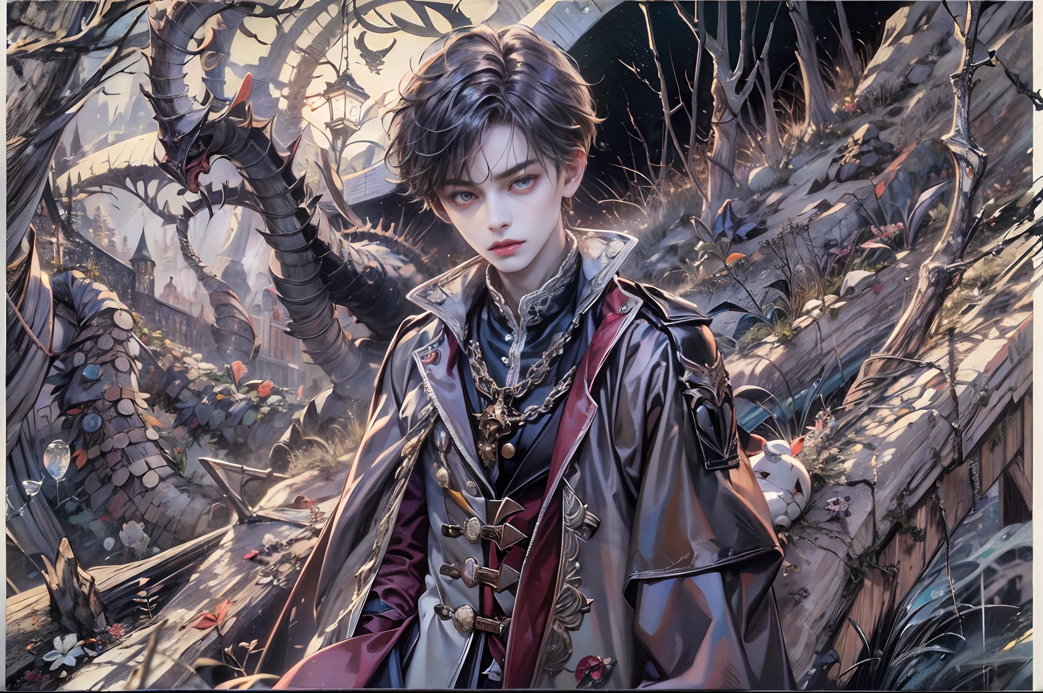 (absurdres, highres, ultra detailed, HDR), masterpiece, best quality, 1 boy, handsome boy, cool hero, big anime eyes, young boy, detailed scenery, detailed character, nightmare before Christmas theme, art kenouji