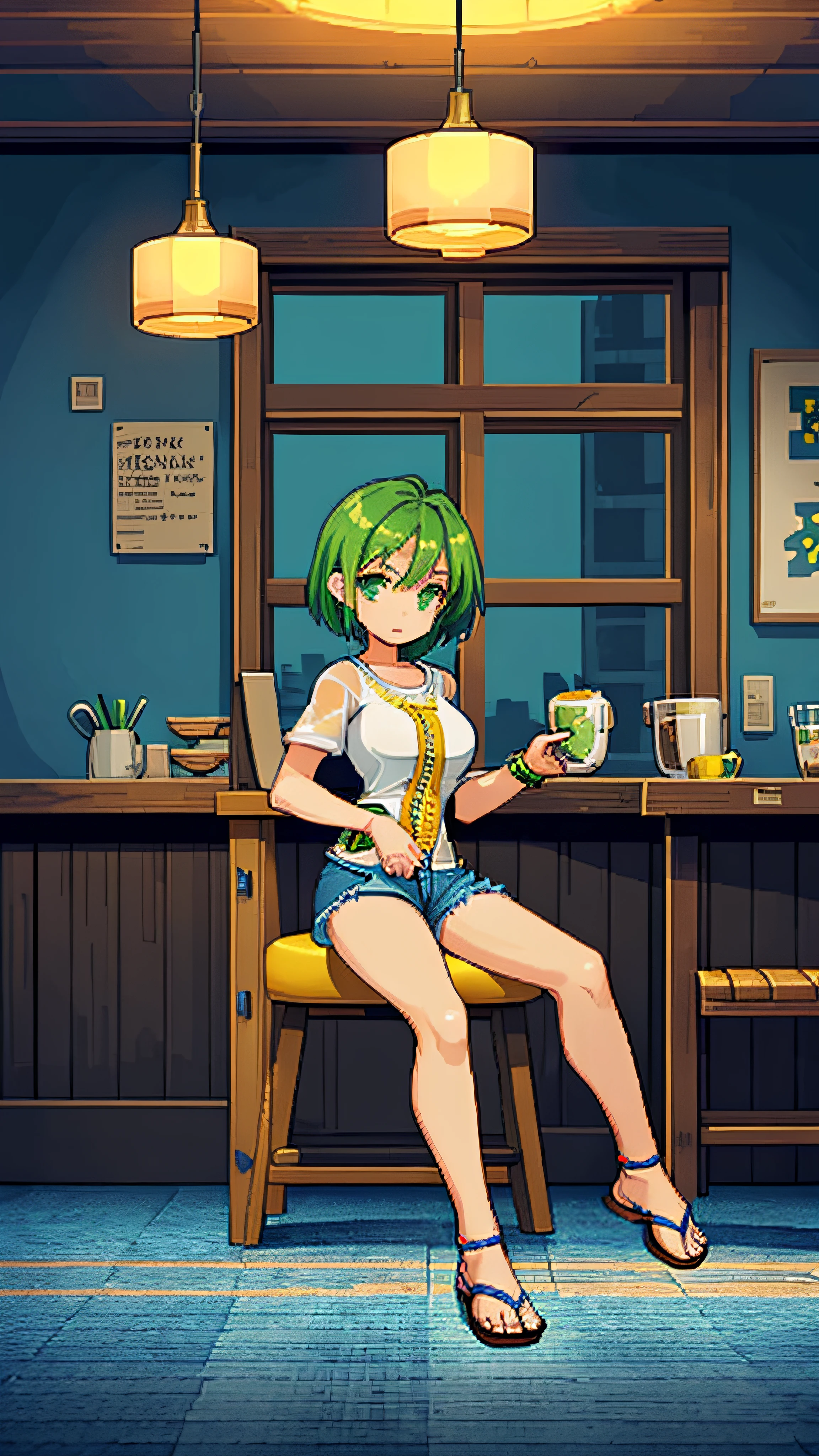 pixel, expansive landscape photograph , (view from below, It shows the sky above and the fields below.), Seen from a distance, flooring, Girl sitting on the floor and looking up,a chair, (big size ass, thick-thighs:0.7), (window:1.2), (A table:0.9) , Wood Break Production Art, (warm light source:1.2), (Cafe Background:1.3), intricated details, Volumetric lighting, Realism BREAK(masterpiece:1.2), (Top Quality), 4k, Ultra-detail, (Dynamic configuration:1.4), Very detailed and colorful details,(Rainbow colors:1.2), (Glowing lights, Atmospheric lighting), Dreamy, Magical, (Solo:1.2), intriciate detail, (skiny:1.5),1 belly button, Cheeky look, Sagging middle breasts, (Green Eyes:1.3), (Green short hair:1.5), (Dress Shirts, Denim shorts, sandals, Denim shorts:1.5), Dress Shirts, (Dynamic Pose, Dynamic Angle:1.2)