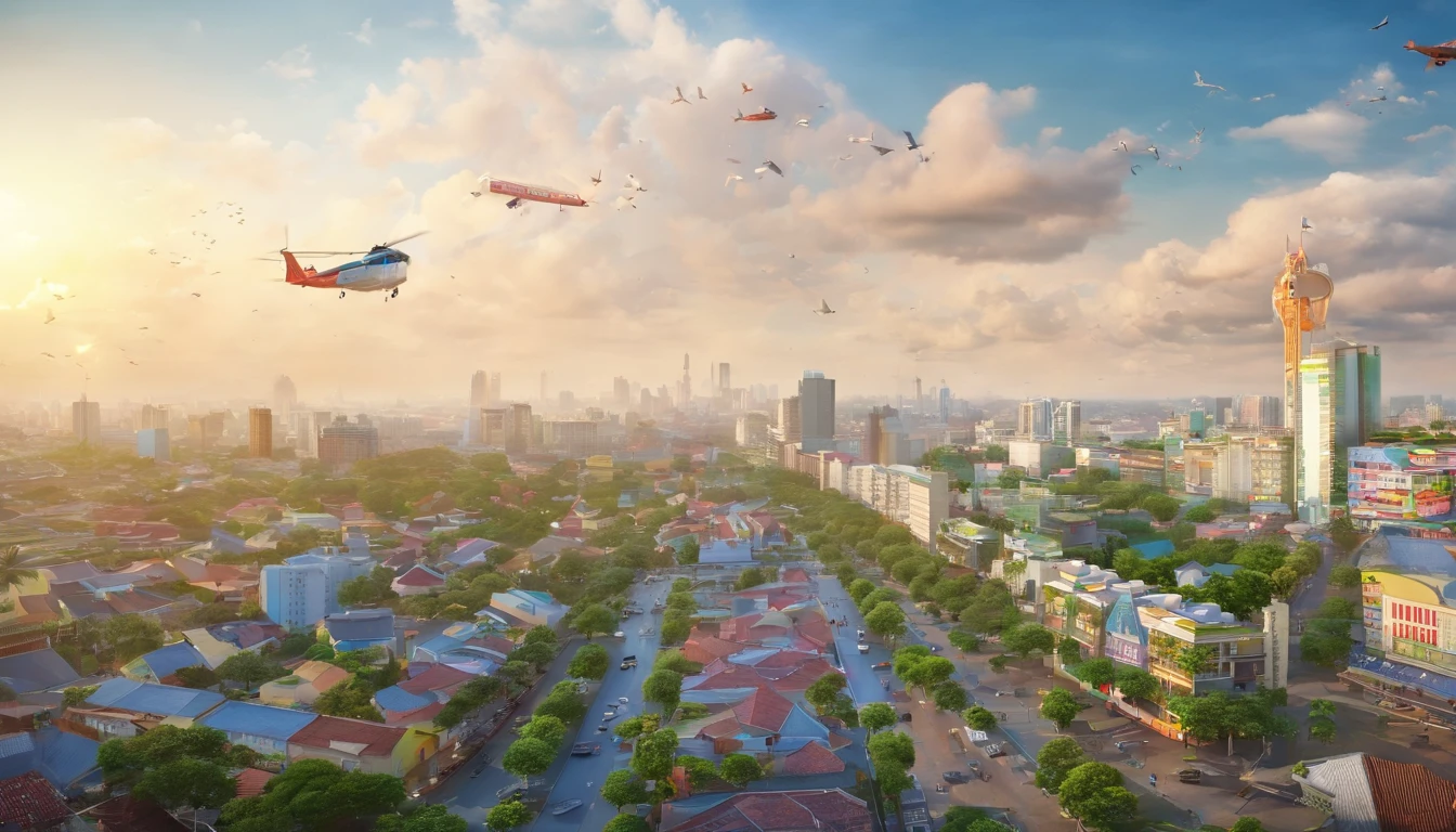 Design a photo of Ho Chi Minh City in Vietnam, including Lammark 81 building, Notre Dame house, Ben Thanh market, transportation system, roads, trees, 1 bus, 1 tram, 1 car , sky above, clouds, flock of birds flying.