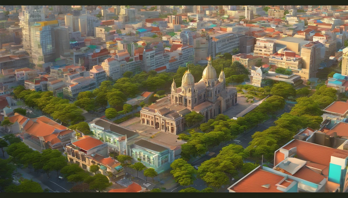 Design a photo of Ho Chi Minh City in Vietnam, including Lammark 81 building, Notre Dame house, Ben Thanh market, transportation system, roads, trees, 1 bus, 1 tram, 1 car , sky above, clouds, flock of birds flying.