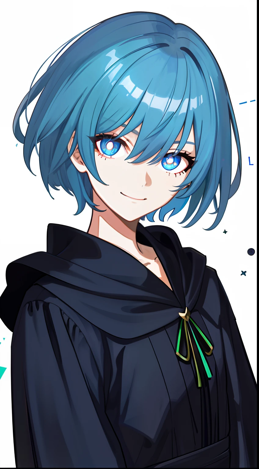 Colorful, masutepiece, High quality, sharp, autofocus, Looking at Viewer, 1girl in, Cool, Handsome, Blue Pupils, Evil smile, Blue hair, short-cut, a pixie cut, hair over eyes, hair between eye, Black clothes, robe, Upper body, (Simple white background), Cinematic, Particle Light, Best Shadow, Ray Tracking, Extremely detailed、neuter、short-cut