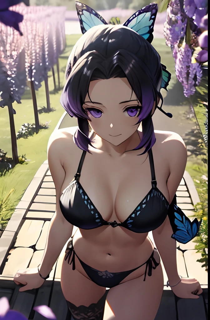Ultra-realistic 8kCG,tmasterpiece,((hyper detailed background,delicate patterns,intricate-detail)),best qualtiy,extremely detailed eye and face,extremely detailed eye,kochou shinobu,O cabelo multicolorido,No bangs,Hair intake,Black eye,Cap,Black shirt,Black panties,(The bikini),butterflys,Strip Strip,(Trepical Garden:1.2),purple flower,Mostly cloudy sky,rays of sunshine,Tyndall effect,gradient_Heaven,faces,Beautiful sky,Saber on the waist,enchanting posture,(large full breasts:1.3),(cleaveage:1.3),(Off-the-shoulder costumes:1.5),ssmile, Appearance from behind, butt sticks out