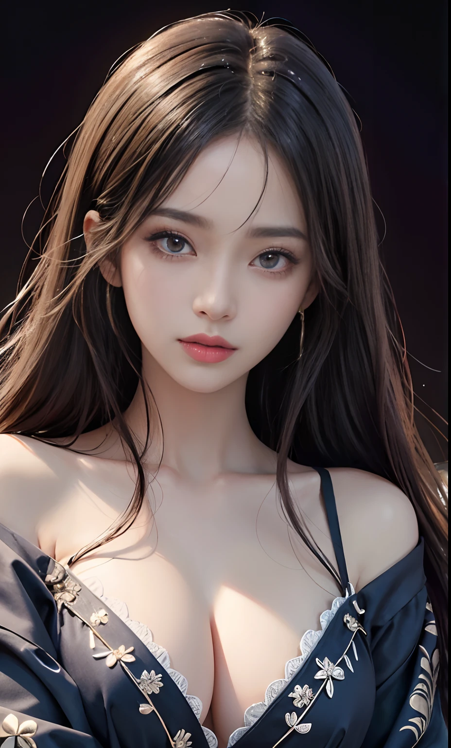 (Hyper-realistic) , (illustratio), (Increase the resolution), (8K), (extremely detaile), (Most Best Illustration), (Beautiful and delicate eyes), (best qualtiy), (ultra - detailed), (tmasterpiece), ( the wallpaper), (Detailed face), solo,1个Giant Breast Girl, looking at viewert, exquisite detailing, Detailed face, deep shading,low tune,pureerosfaceace_V1, ssmile,long whitr hair,Black shawl straight hair,46 points oblique bangs,Best quality、tmasterpiece、A high resolution、1girll、hair adornments、choker necklace、jewely、pretty face、Physically、Tyndall effect、realisticlying、Shadow Studio、edge lit、bicolor lighting、(highdetailskin:1.2)、8K, Ultra HD、Digital SLR、softlighting、high high quality、volumettic light、sneak shot、photore、A high resolution、4K、8K, Yes、The background is blurred out,