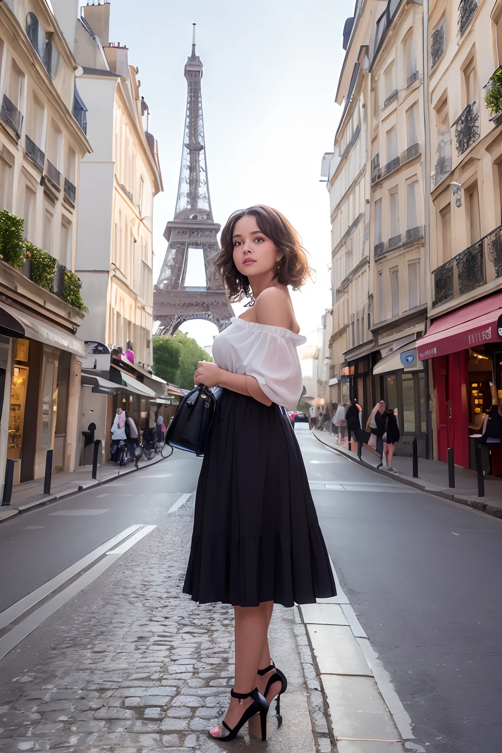 une jeune femme de 21 ans, with luminous skin and delicate features, stands proudly in the middle of a cobbled street in Paris. Her curly brown hair cascades down her shoulders..., Reflection of the golden rays of the setting sun. She wears a fashionable dress, d'un bleu profond, which contrasts perfectly with the historic buildings that surround it. Her eyes sparkle with adventure and curiosity as she looks into the distance, perhaps at the Eiffel Tower or the Sacré-Cœur. She holds a chic leather handbag, and his heeled shoes rattle lightly on the cobblestones.... Autour d'elle, You can see lively Parisian cafes, Local residents and tourists. The atmosphere is that of a perfect day in Paris, and it seems to be at the heart of his journey,profiter de chaque instant. ultra detail face, cheveux long, magnifique