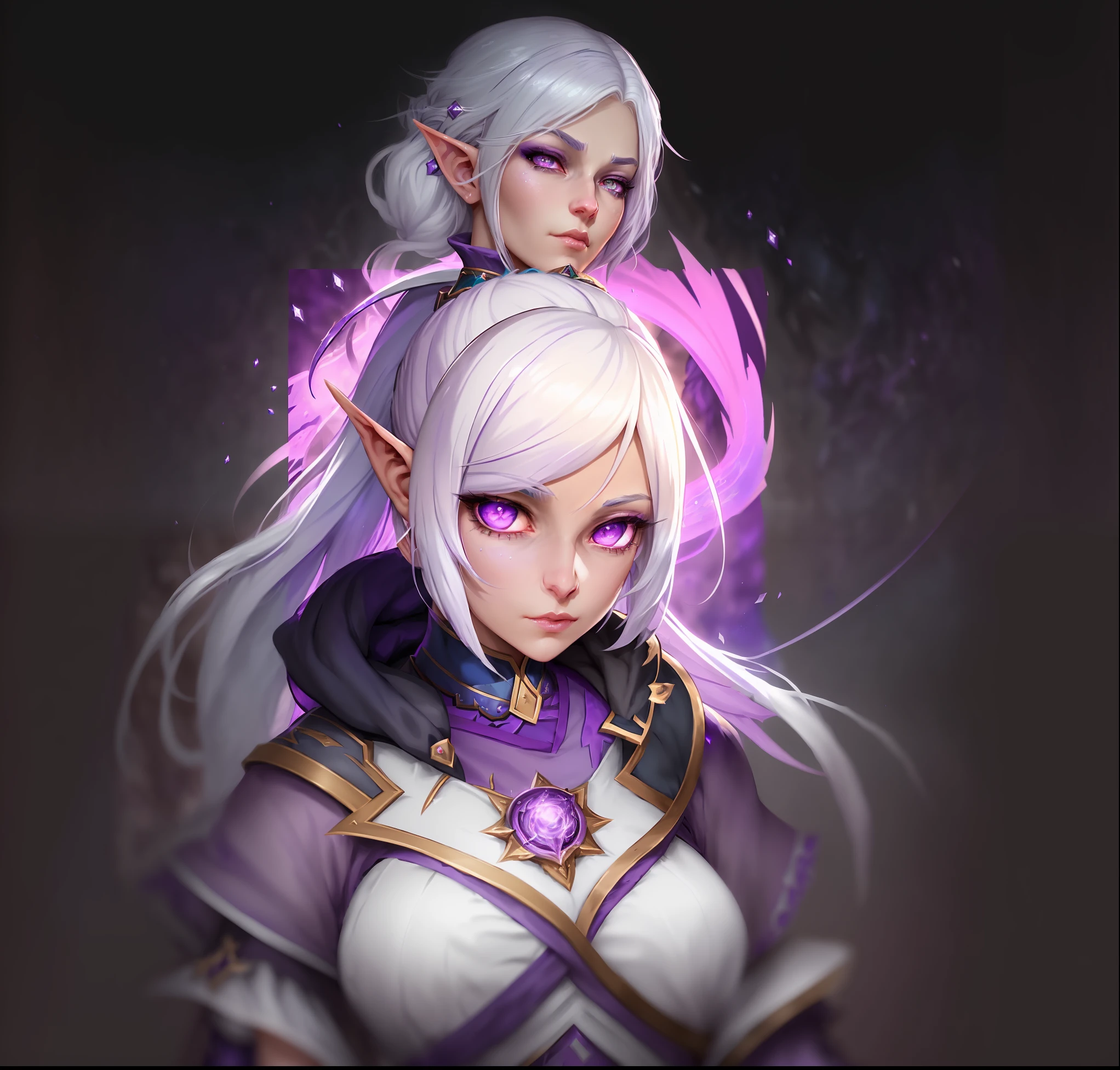 a woman with white hair and purple eyes wearing a purple outfit, epic mage girl character, astri lohne, portrait knights of zodiac girl, portrait of a female mage, extremely detailed artgerm, alluring elf princess knight, cushart krenz key art feminine, character splash art, character art closeup, character portrait closeup, closeup portrait of an mage