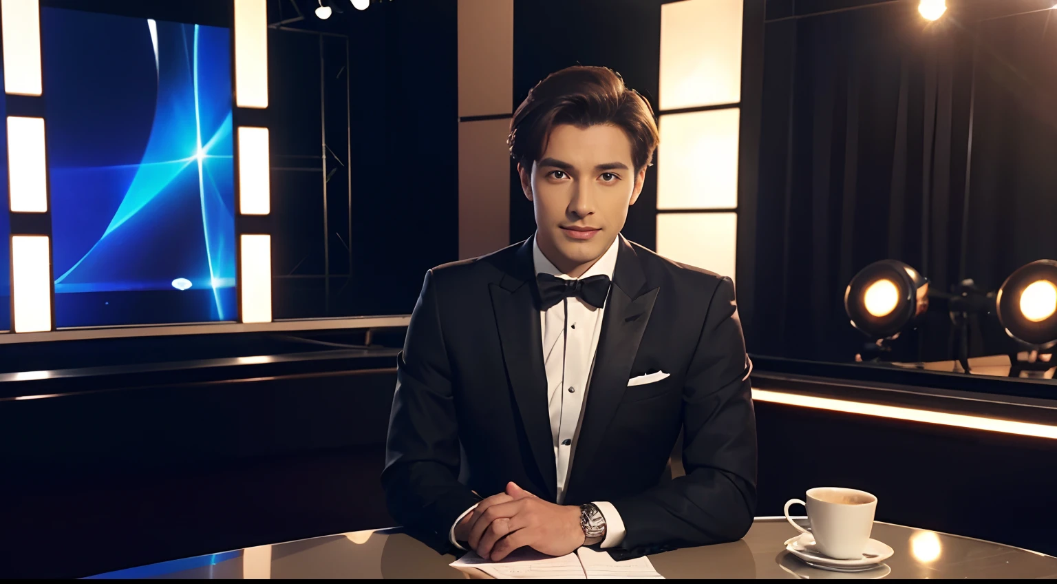 A professional male news presenter, dressed elegantly in a formal attire, sitting on a chair behind a table. The presenter looking directly at the camera, making engaging eye contact with the viewers. The studio background is great, Breakfast News Logo is on TV Screen, better quality.