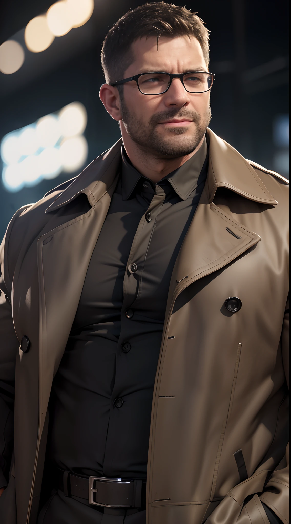 An award-winning original photo，A wild muscular man, (40 years old daddy:1.1), 1boy, Solo, (brown trenchcoat), (black dress shirt), (big shoulders), musculature, stubbles, Short beard, Beautiful eyes:1.3, ), (Detailed face:1.3), wearing glasses, smiles, Dynamic Angle, volumetric lighting, (Best quality, A high resolution, Photorealistic), Cinematic lighting, Masterpiece, RAW photo, Intricate details, hdr, depth of field, upper body shot