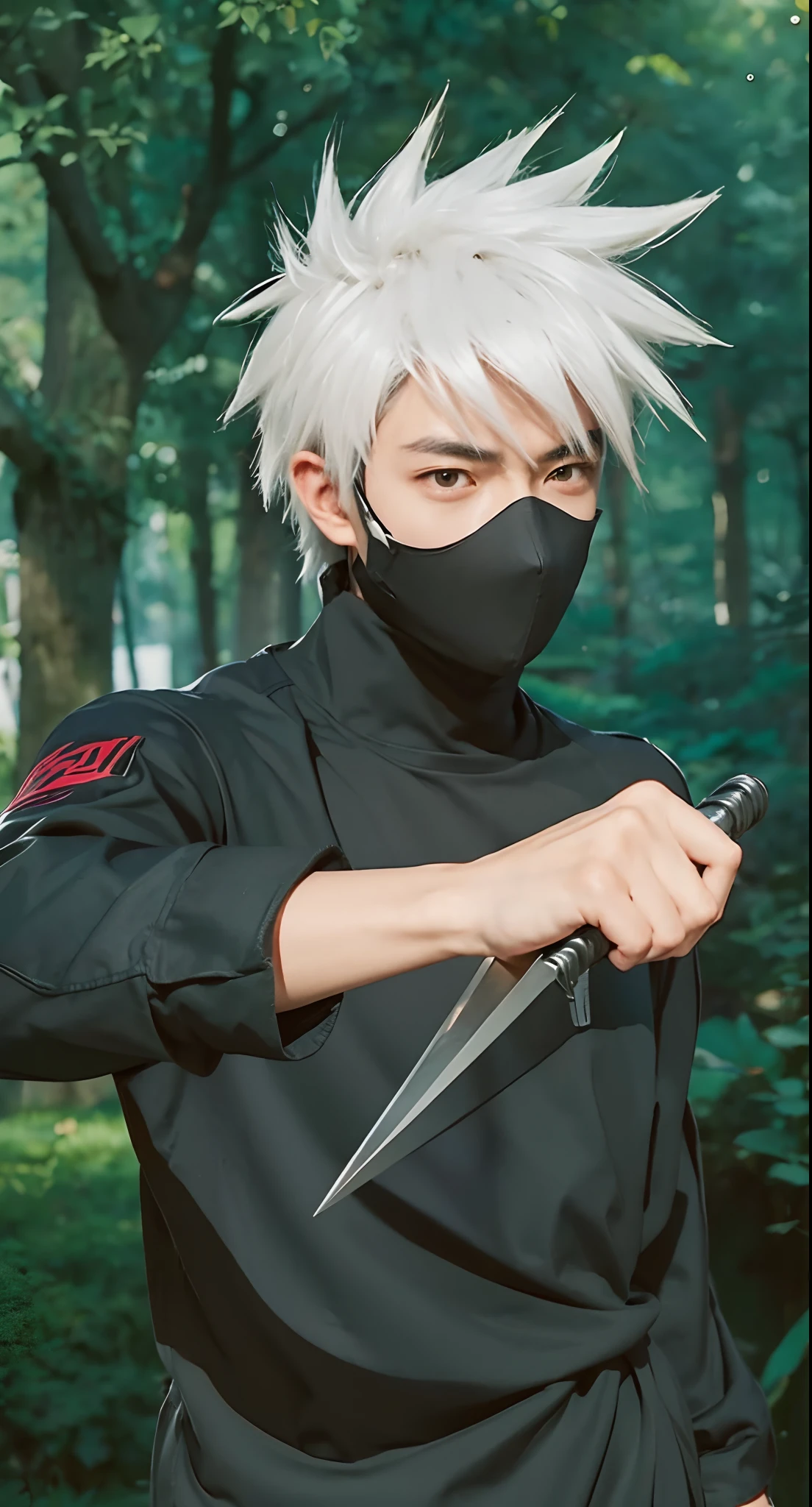 Real life adaption of this character,his name is Kakashi hatake from anime Naruto,Korean handsome face, realistic same outfit Long sleeve t-shirt that blends with the mask,holding kunai, realistic same hair, hyper realistic, realistic background, realistic light, realistic shadow, realism,(photorealistic:1.2)