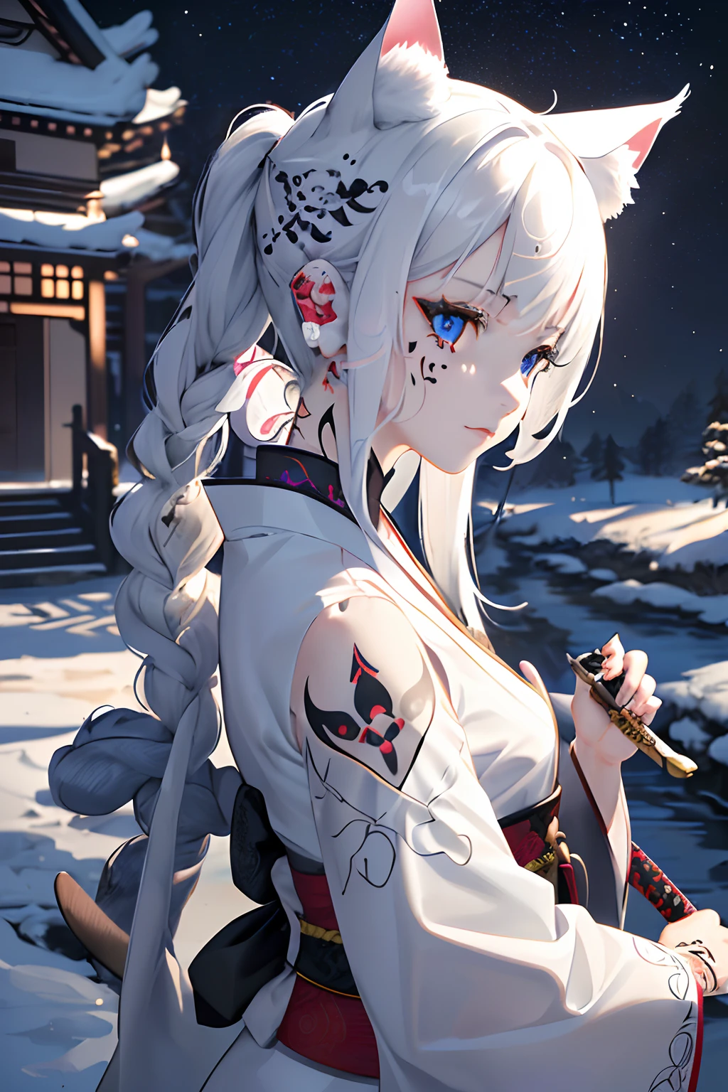 (Photorealsitic:1.3), ​masterpiece, top-quality, (intricate detailes:1.2), (landscapes:1.3), beautiful countenance, The image of a white cat(Black theme:1.3),
(((1girl in、Holding a sword in your hand、Girl in patterned white kimono、(Take a look at Veiwer:1.3)、(face tattoos:1.2)、Cat's ears、
)))、full body Esbian