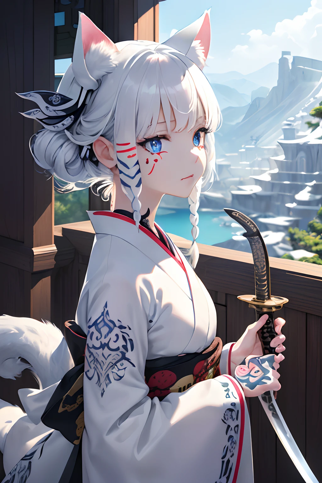 (Photorealsitic:1.3), masterpiece, top-quality, (intricate detailes:1.2), (landscapes:1.3), beautiful countenance, The image of a white cat(Black theme:1.3),
(((1girl in、Holding a sword in your hand、Girl in patterned white kimono、(Take a look at Veiwer:1.3)、(face tattoos:1.2)、Cat's ears、
)))、full body Esbian