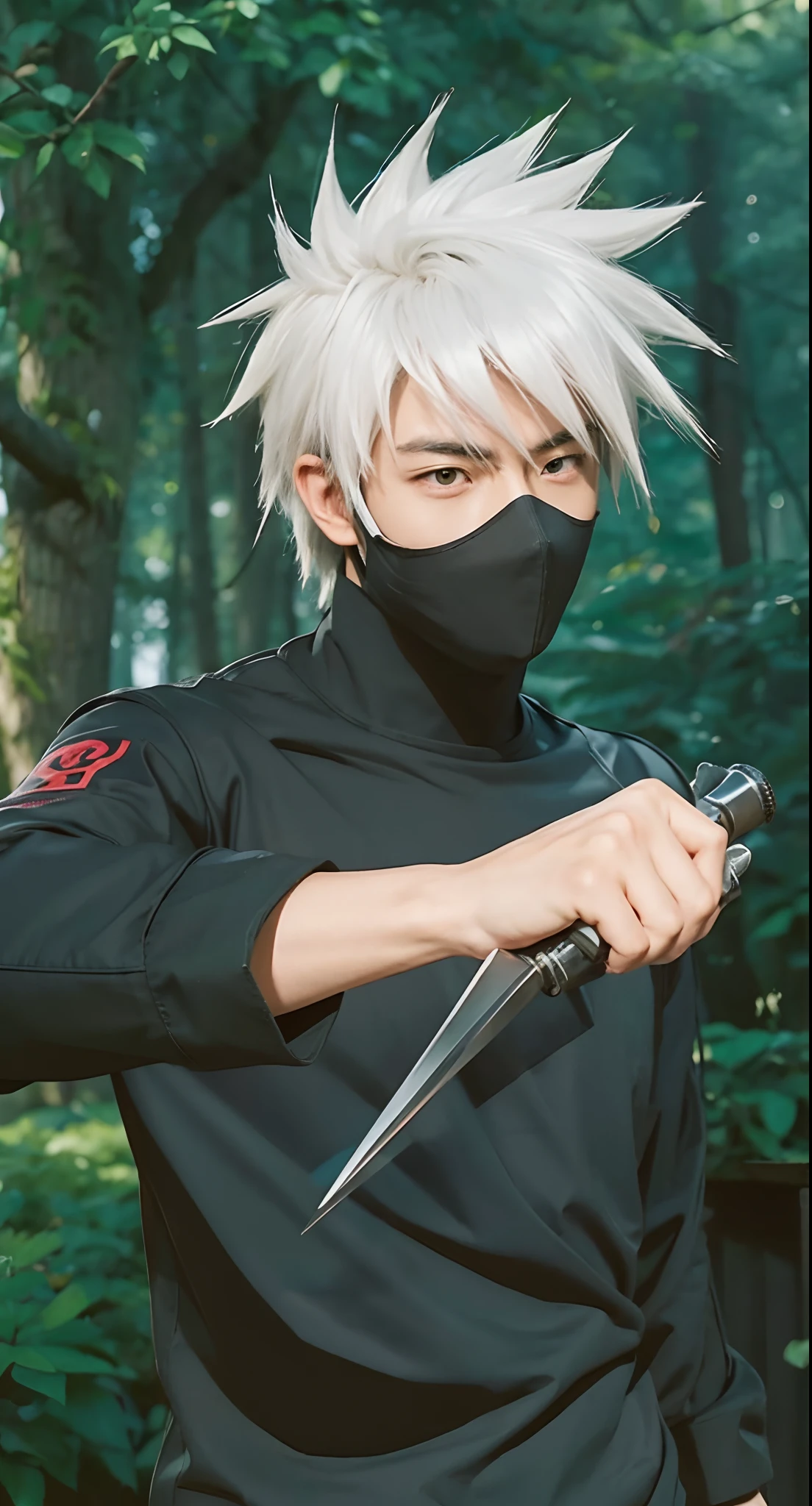 Real life adaption of this character,his name is Kakashi hatake from anime Naruto,Korean handsome face, muscular man body,realistic same outfit Long sleeve t-shirt that blends with the mask,there is red Uzumaki logo on His shoulders,holding kunai, realistic same hair, hyper realistic, realistic background, realistic light, realistic shadow, realism,(photorealistic:1.2)